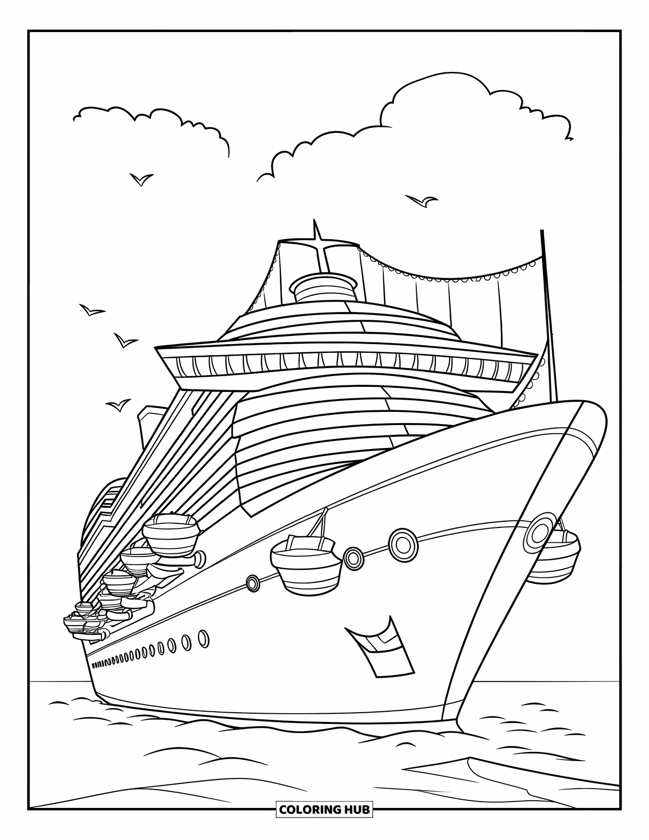 Ship Coloring Page for Kids: A cruise ship with layered decks and lifeboats sails on calm waters