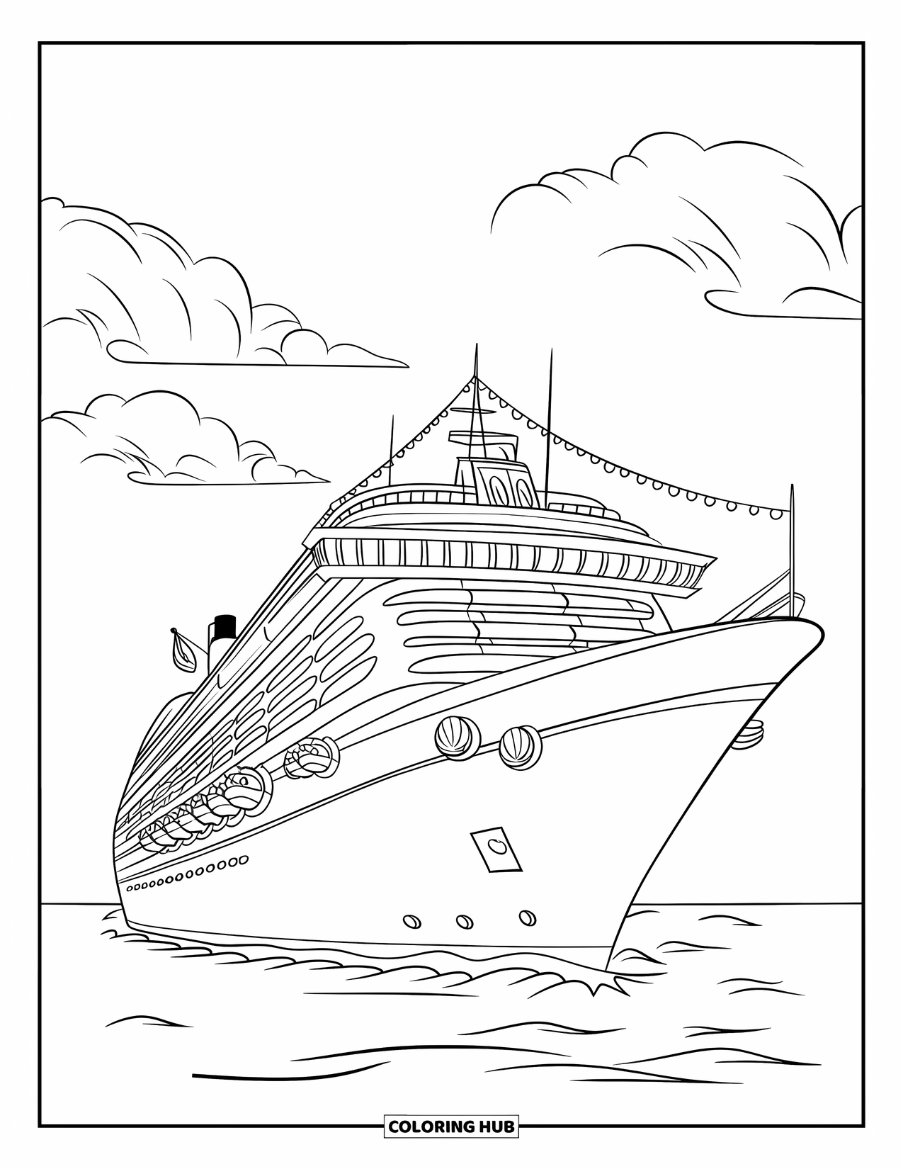 Ship Coloring Page for Kids: A cruise ship with lifeboats glides across the vast ocean
