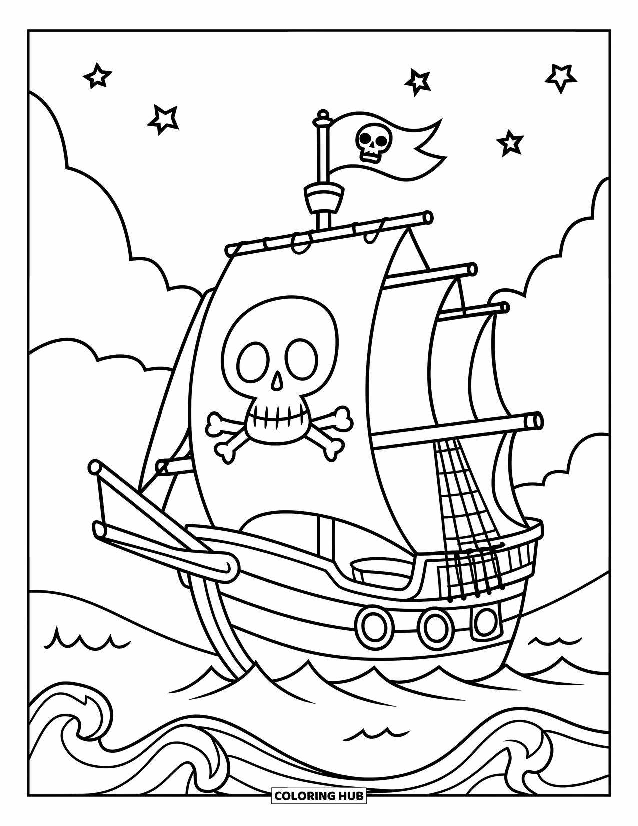 Ship Coloring Page for Kids: A cute pirate ship with a skull flag sails over wavy waters