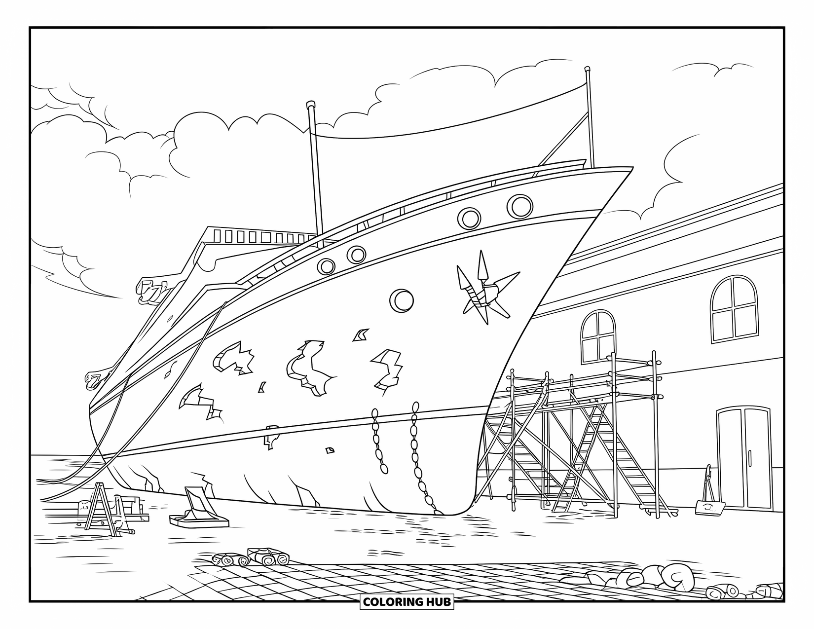 Ship Coloring Page for Kids: A damaged ship is repaired at the shipyard under cloudy skies