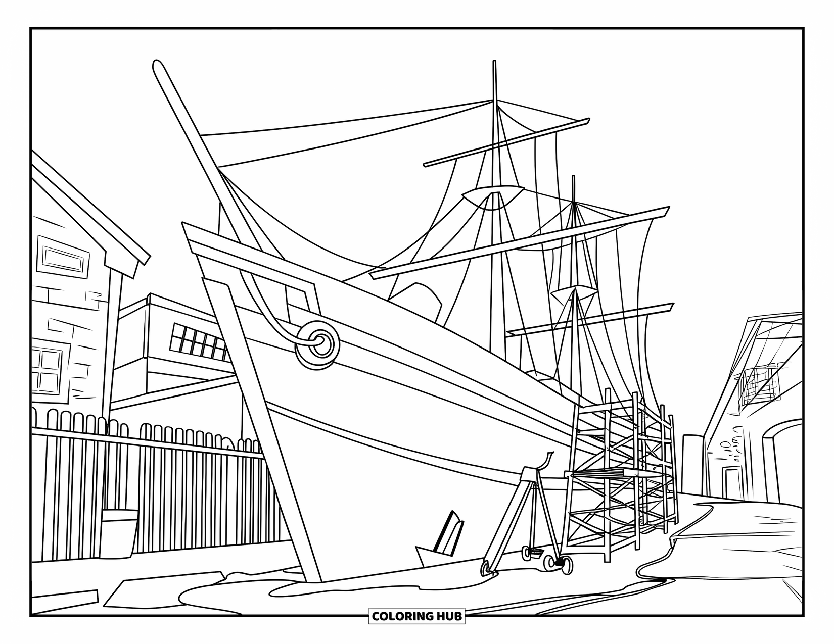 Ship Coloring Page for Kids: A docked ship is being fixed with tools and scaffolding
