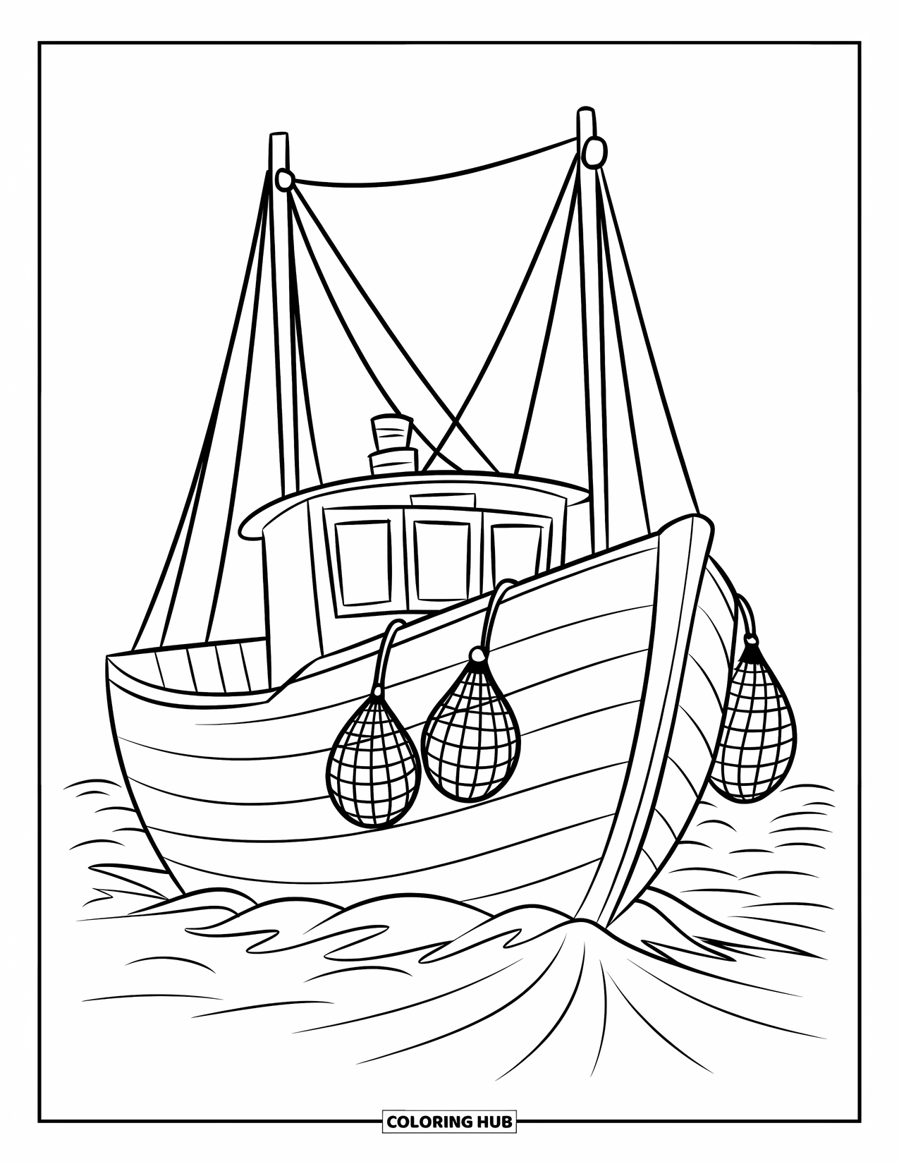 Ship Coloring Page for Kids: A fishing boat with nets and a small cabin floats on gentle waves