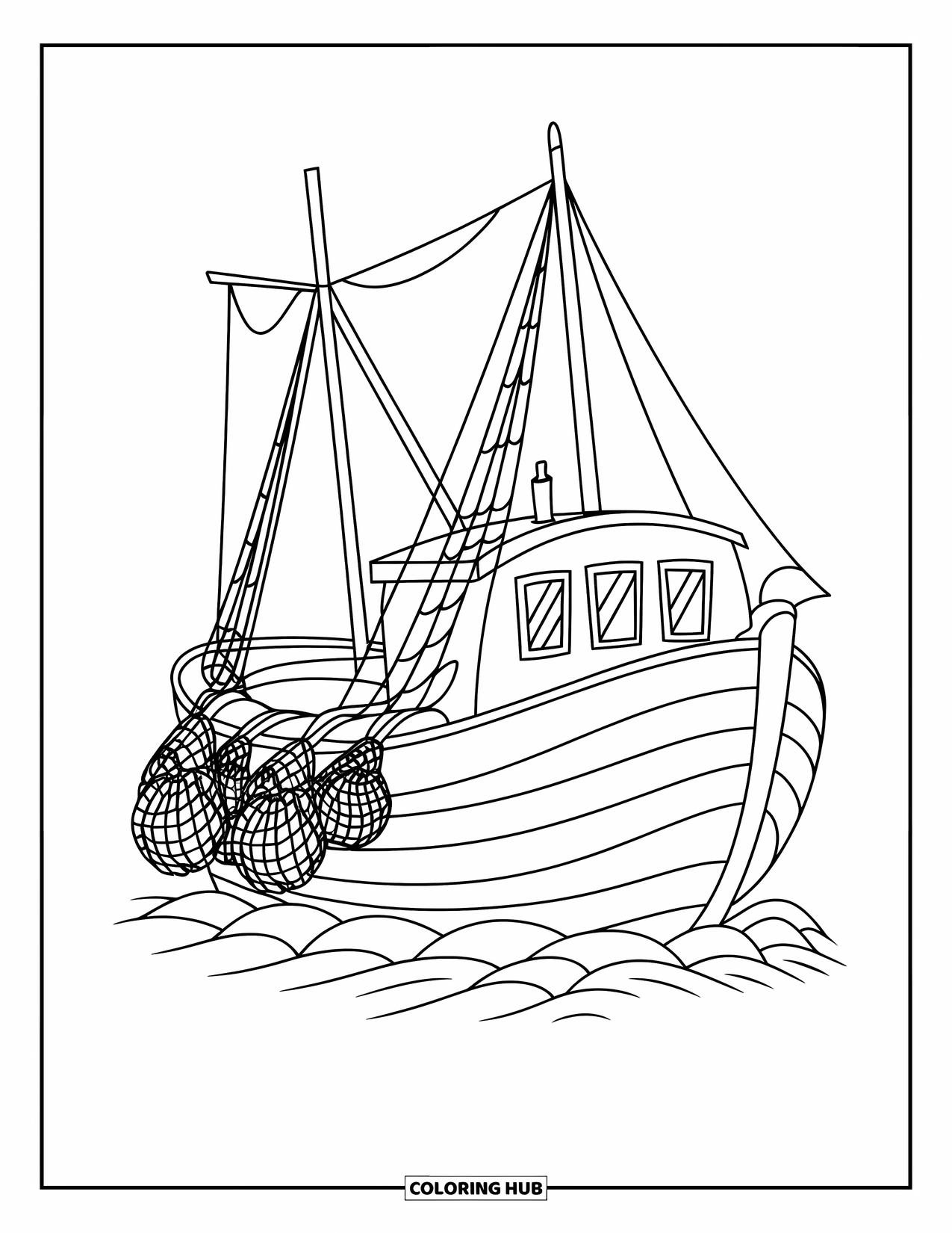 Ship Coloring Page for Kids: A fishing boat with nets drifts gently on the waves