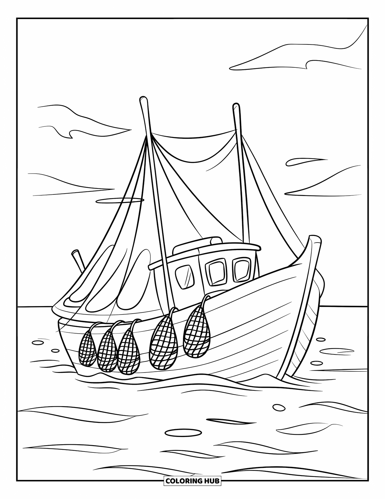 Ship Coloring Page for Kids: A fishing boat with nets sails calmly beneath a partly cloudy sky