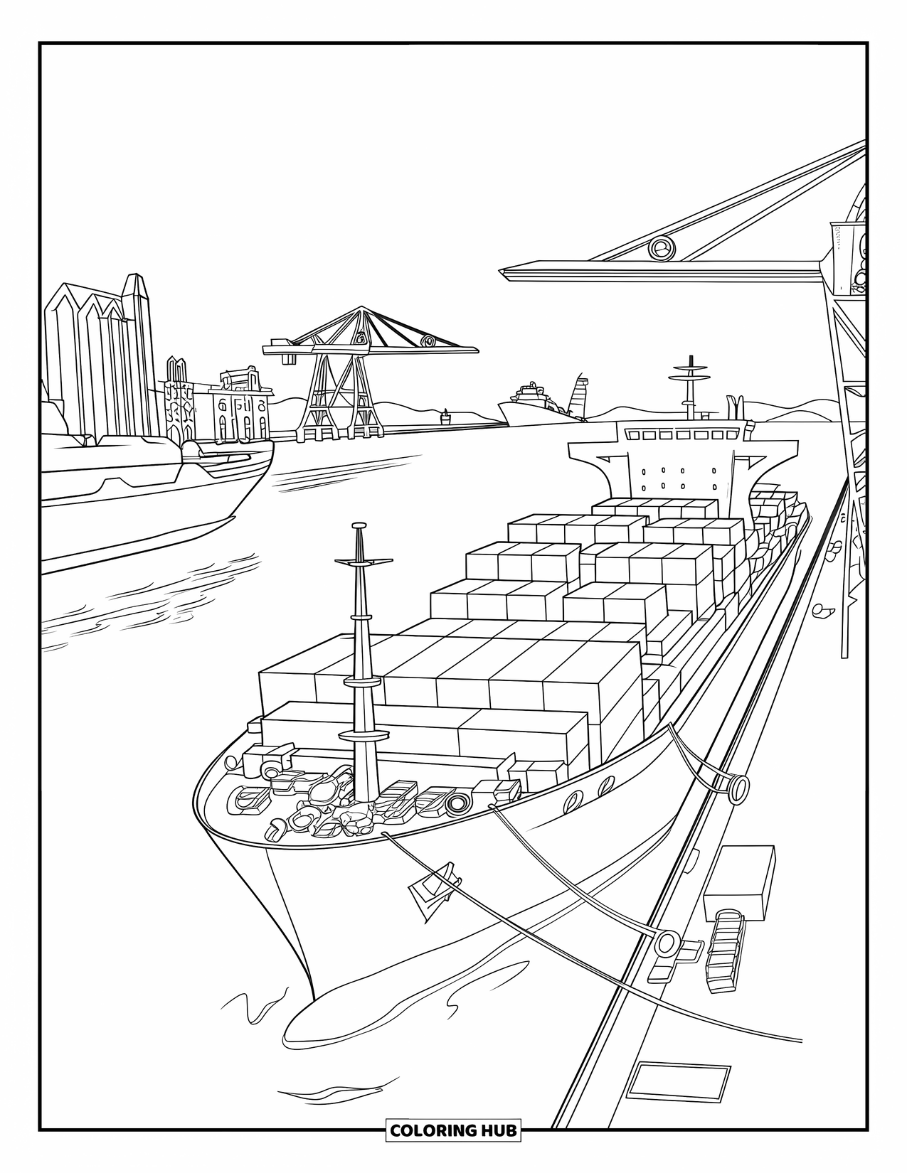 Ship Coloring Page for Kids: A merchant ship unloads cargo at a bustling harbor with other ships