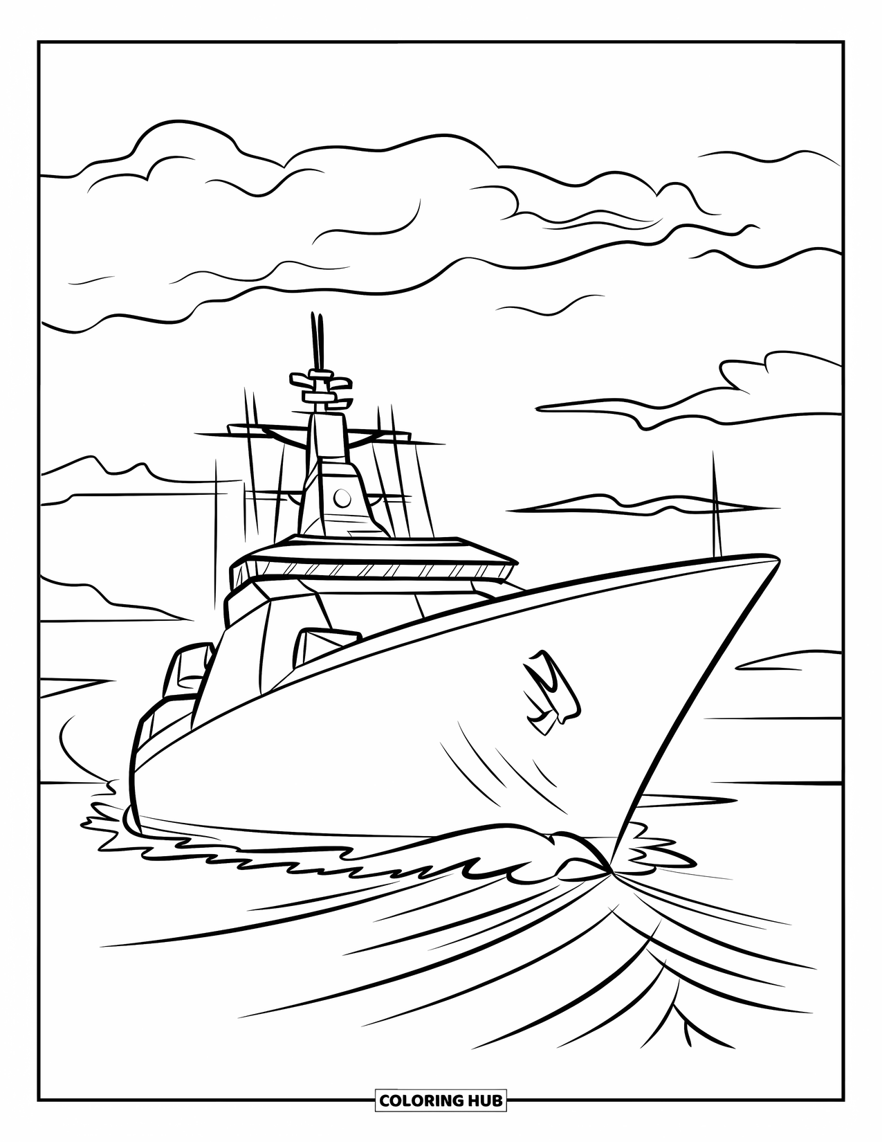 Ship Coloring Page for Kids: A modern navy ship cuts through the sea beneath cloudy skies