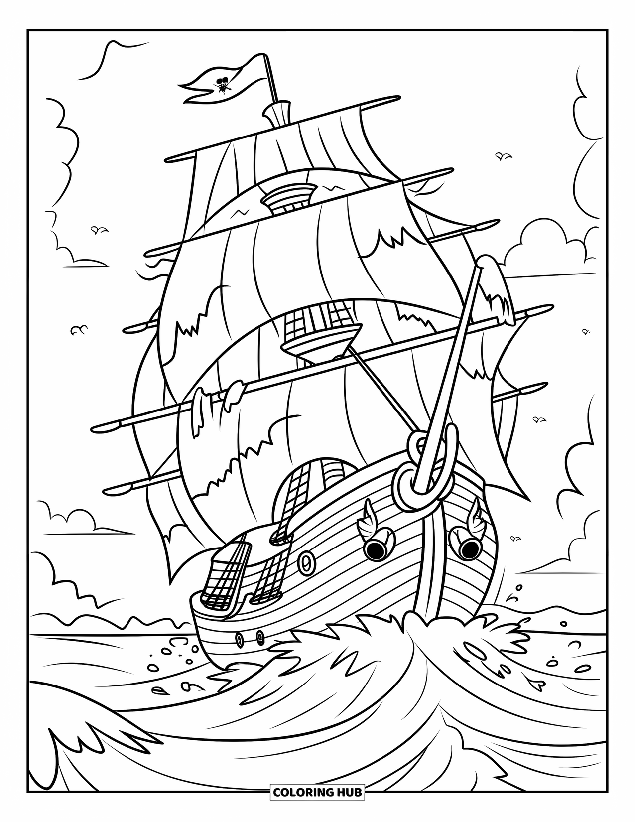 Ship Coloring Page for Kids: A pirate ship battles waves with torn sails and cannons ready