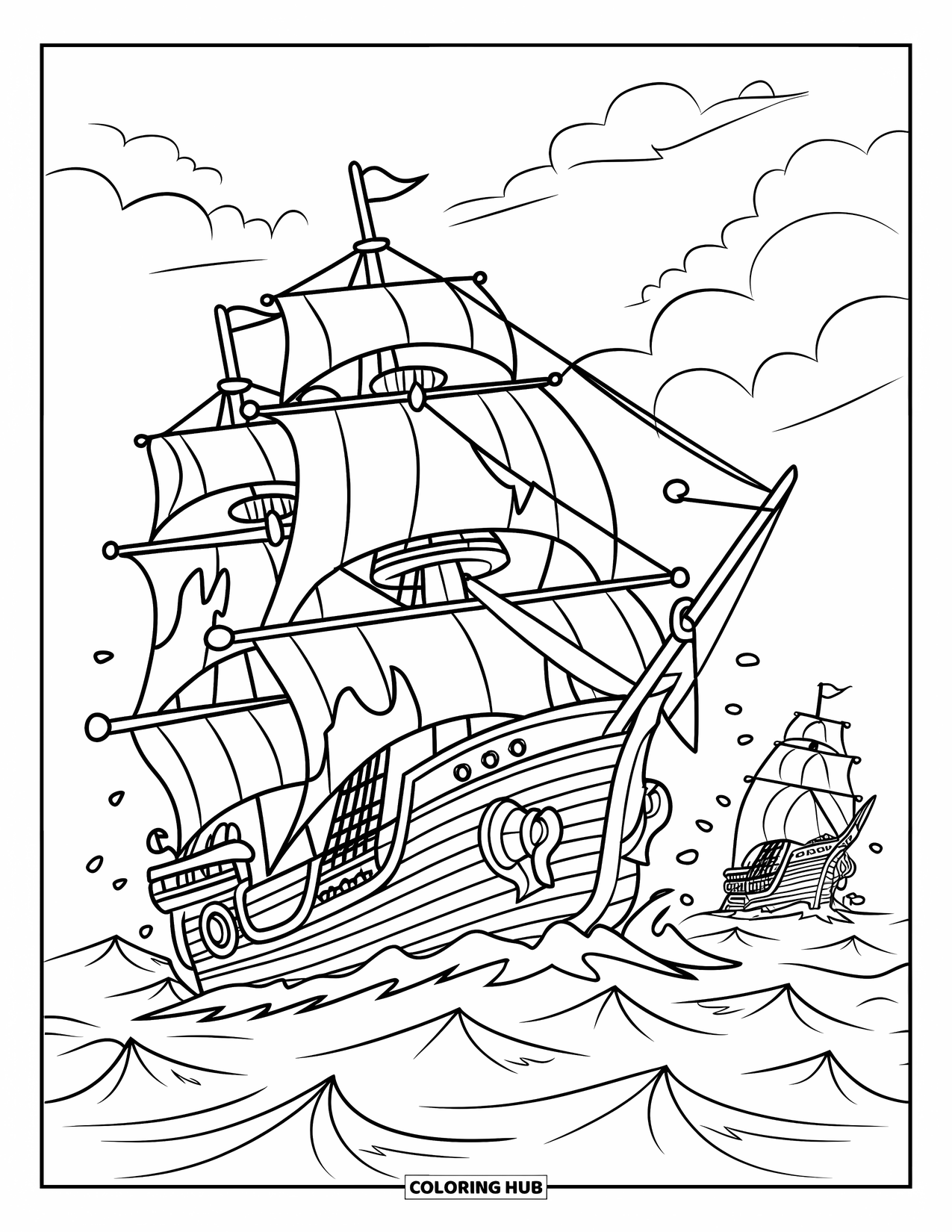 Ship Coloring Page for Kids: A pirate ship with torn sails clashes with another on stormy seas