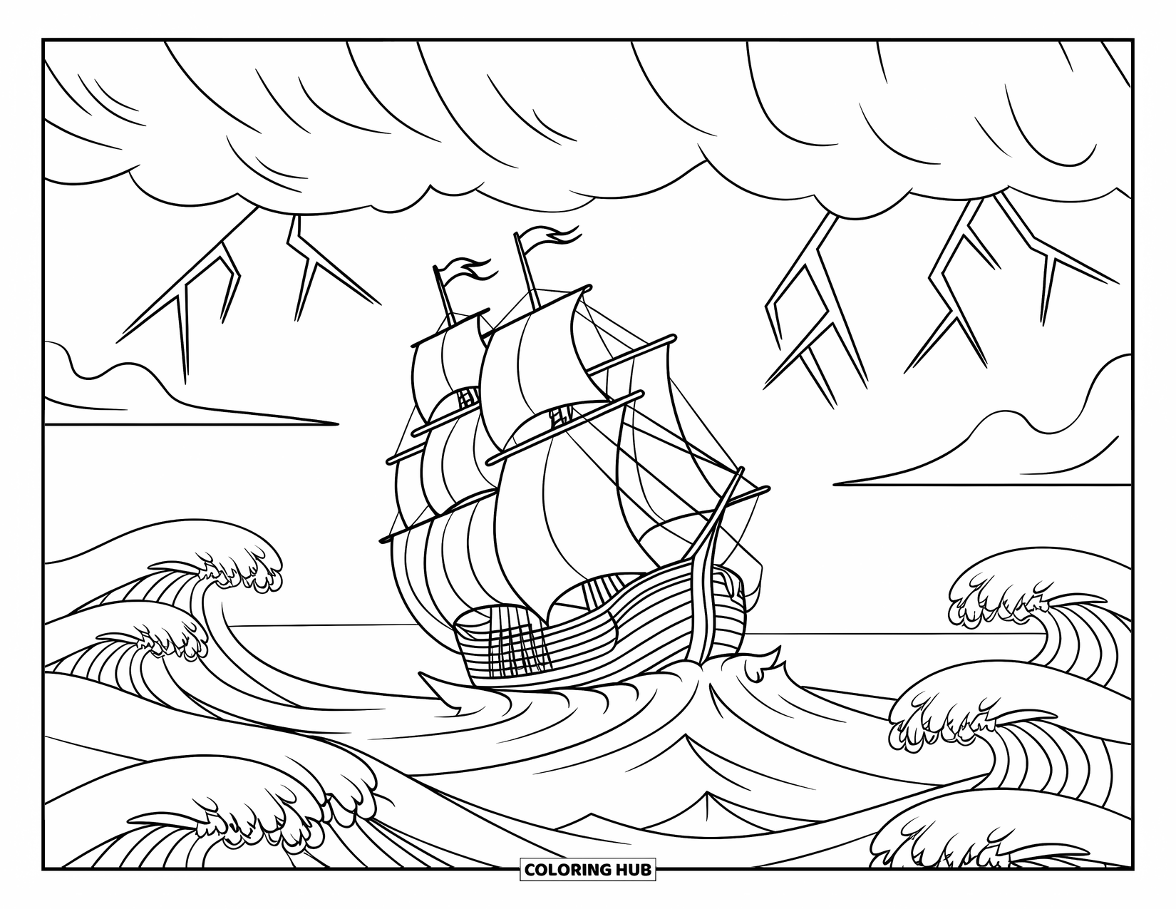 Ship Coloring Page for Kids: A ship battles waves as lightning streaks across the dark sky