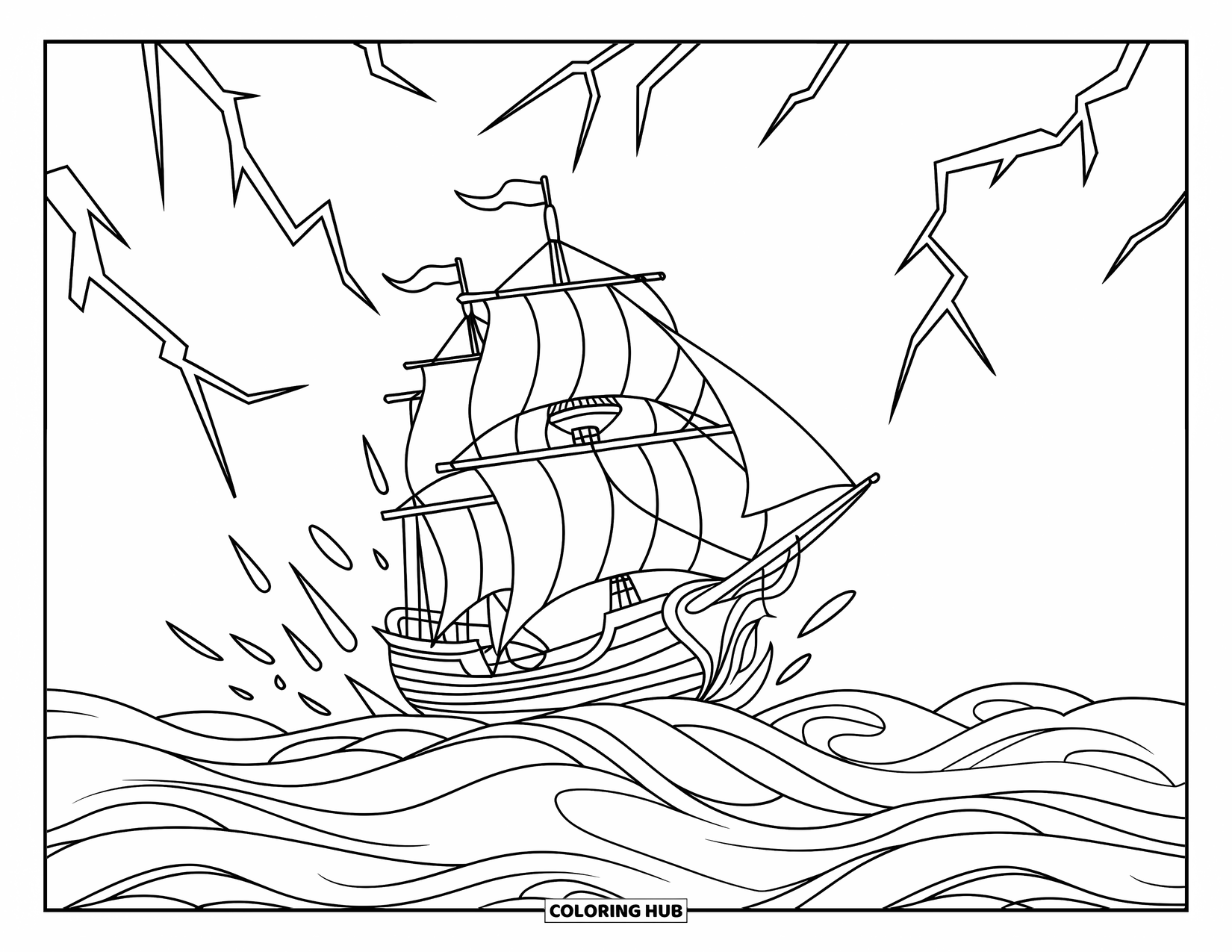 Ship Coloring Page for Kids: A ship is tossed on stormy seas with lightning flashing overhead