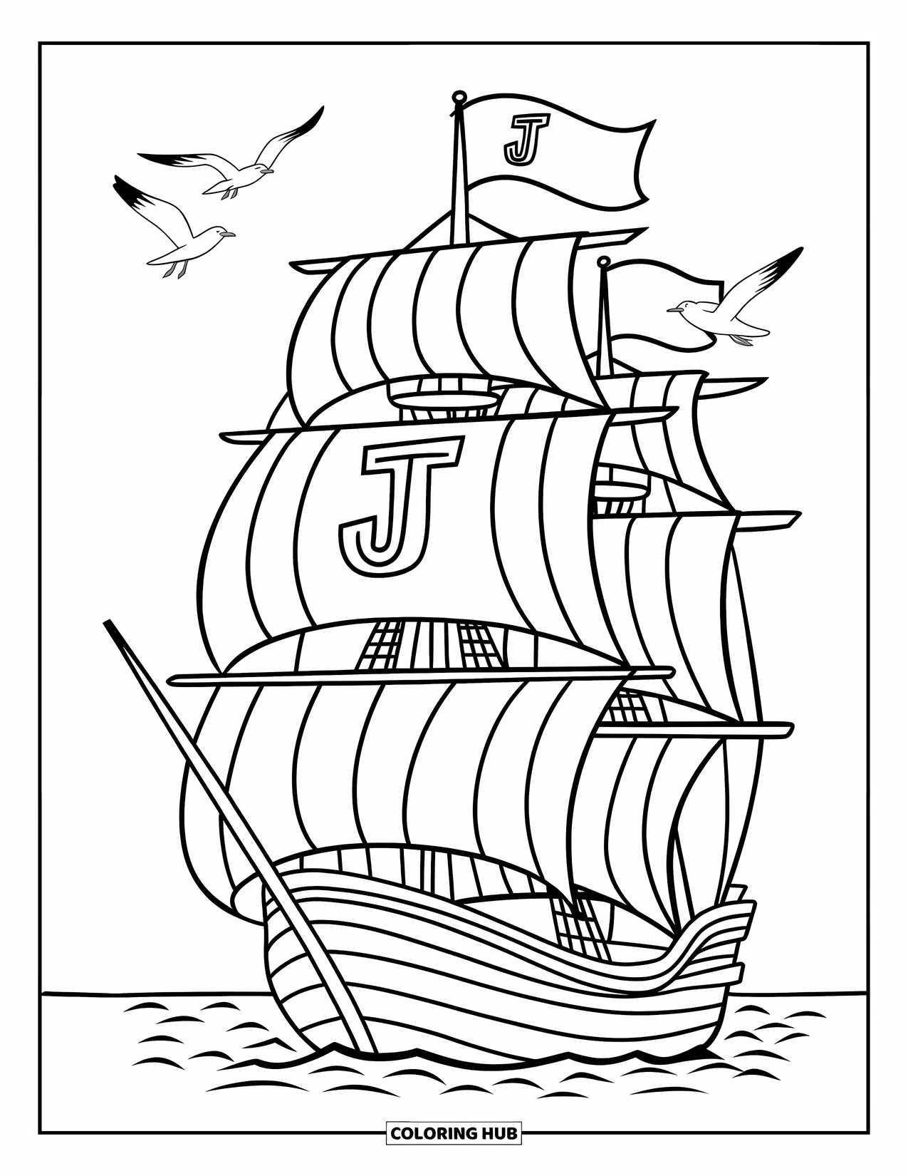 Ship Coloring Page for Kids: A ship with flags and sails drifts on the sea with gulls