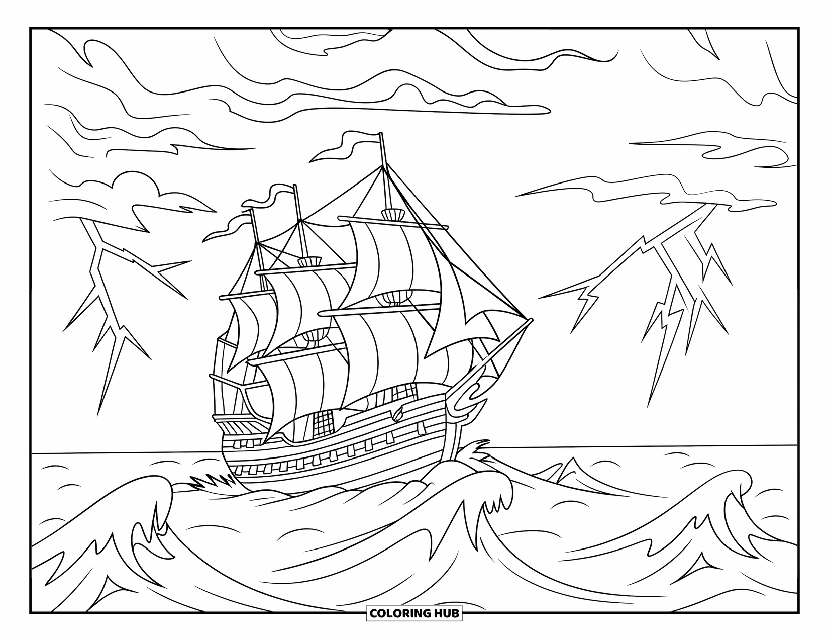 Ship Coloring Page for Kids: A ship with tall sails struggles in a stormy ocean