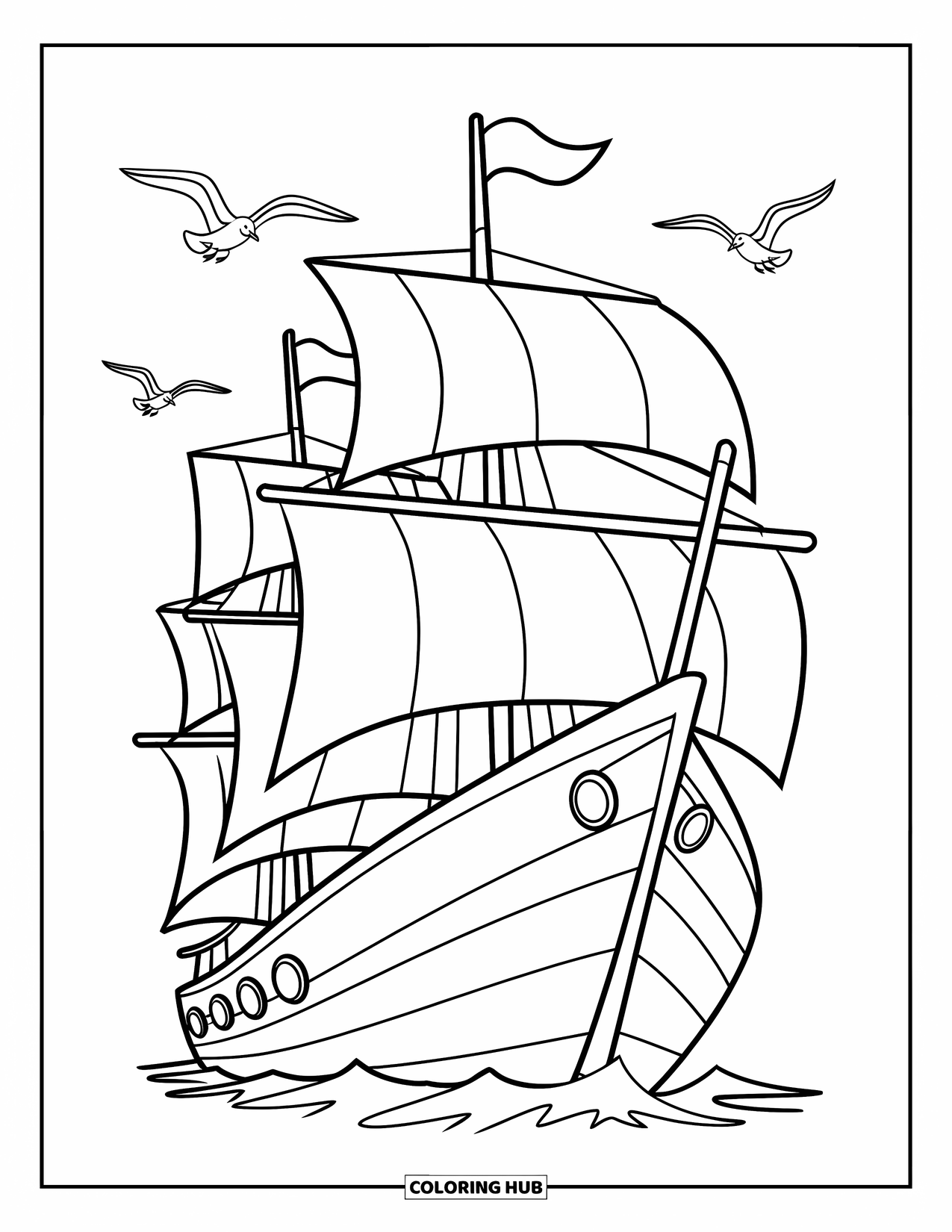 Ship Coloring Page for Kids: A side view of a ship with bold flags and seagulls flying nearby