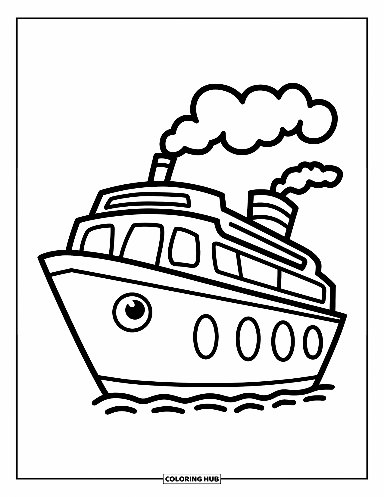 Ship Coloring Page for Kids: A simple cruise ship with big windows sails as smoke rises from its funnel