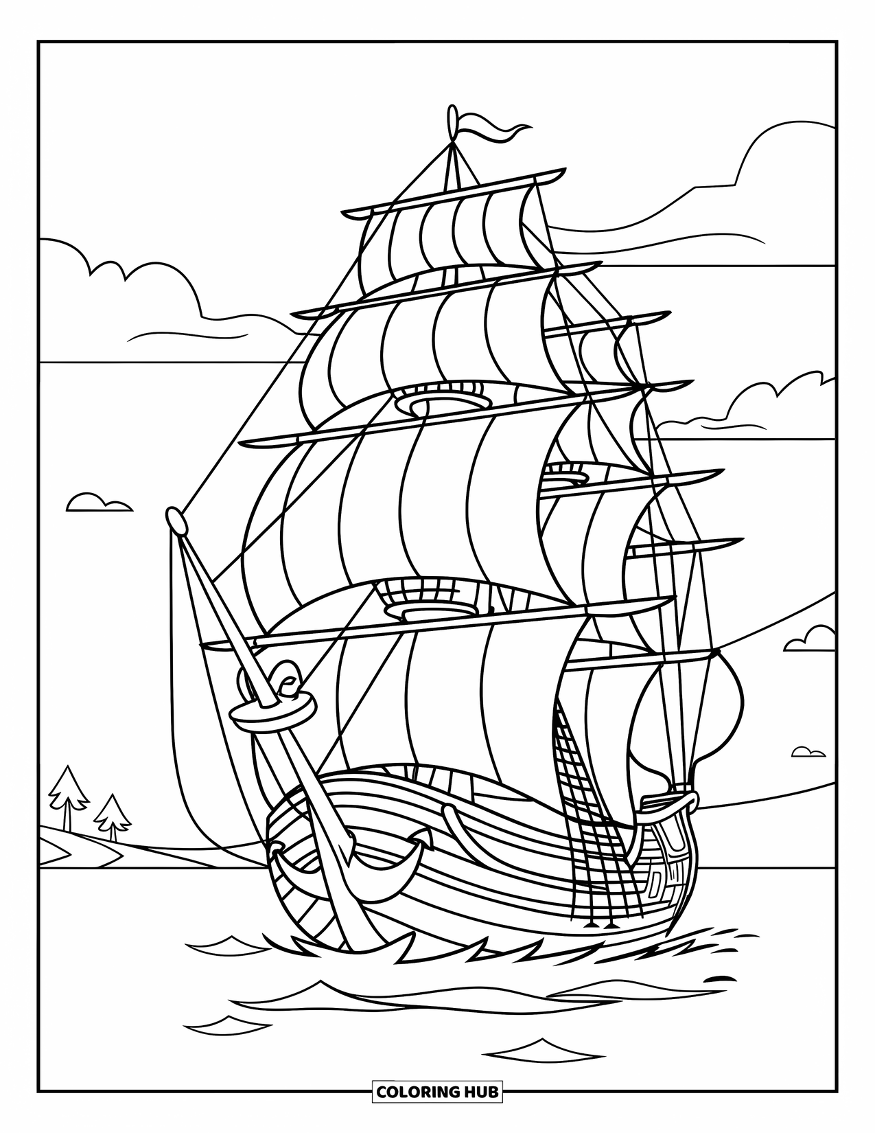 Ship Coloring Page for Kids: A tall ship with sails glides calmly near distant land