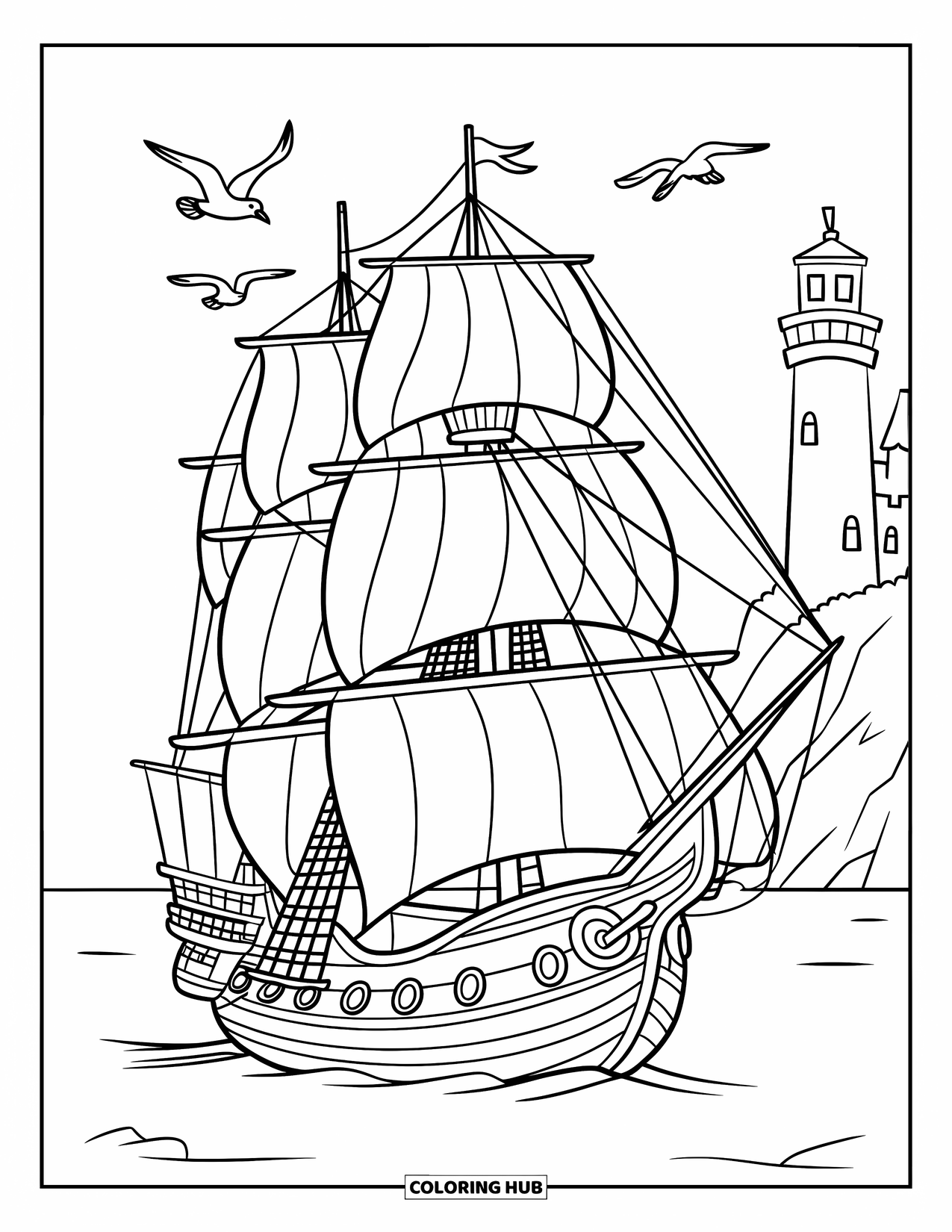 Ship Coloring Page for Kids: A tall ship with sails passes a lighthouse and a castle cliff
