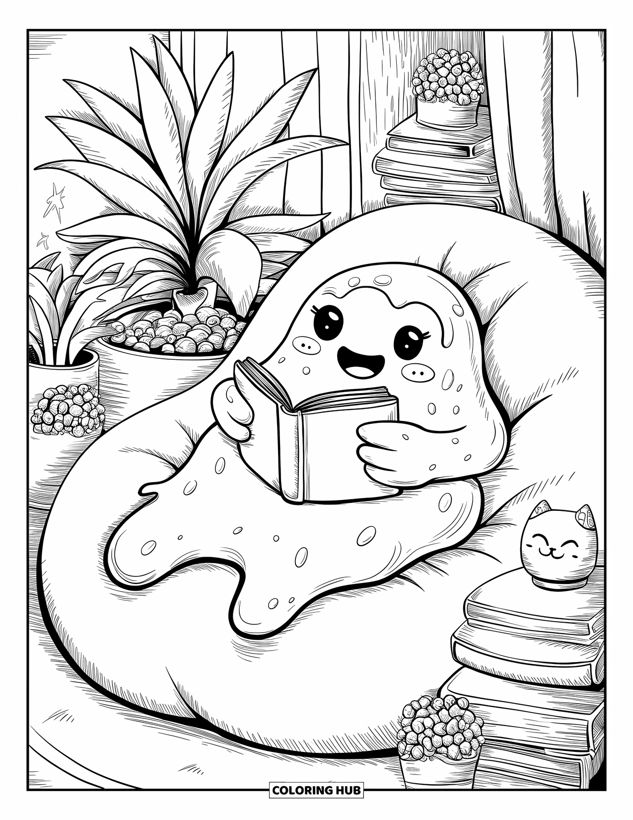 Slime Coloring Page for Adults: A cheerful slime relaxes in a beanbag corner with a book and cozy decor