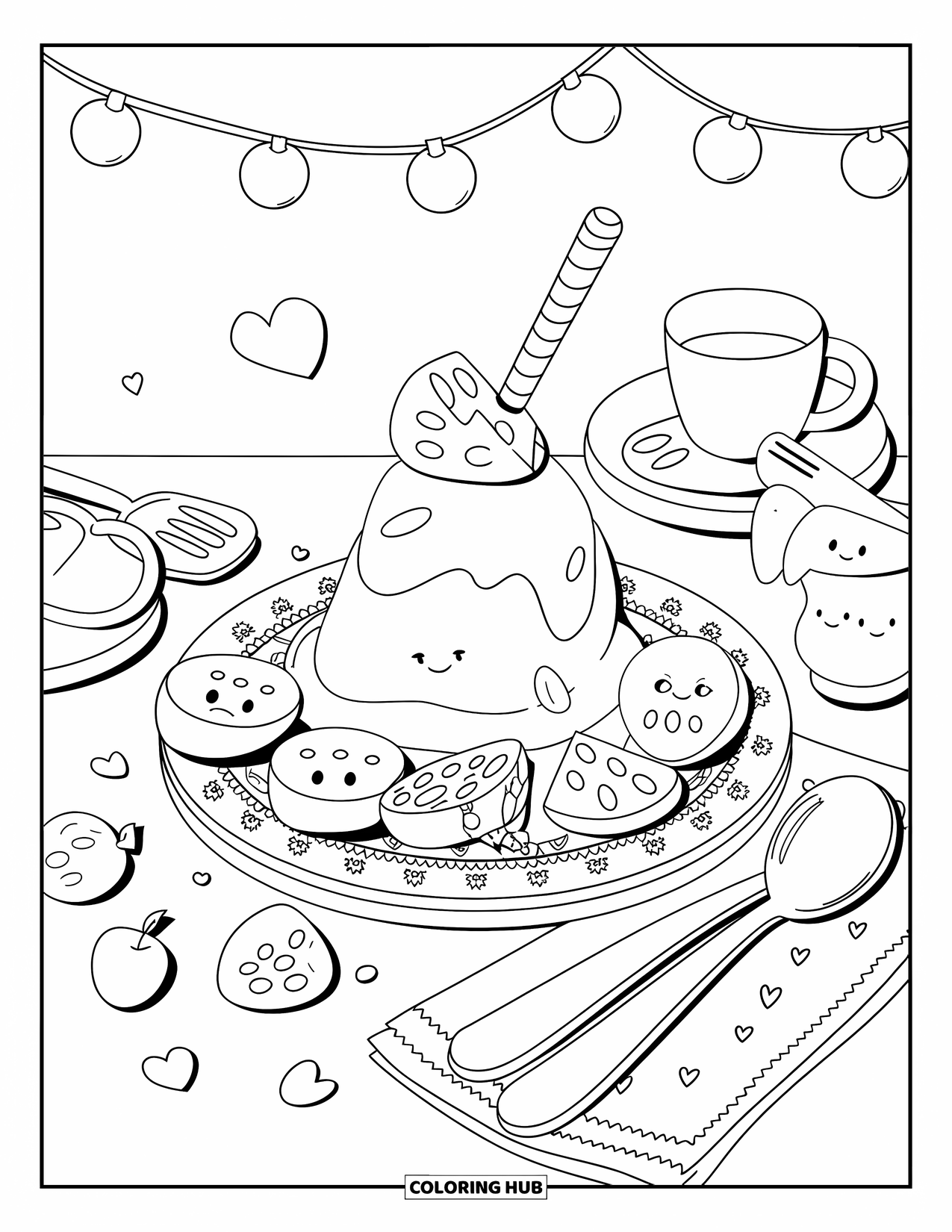 Slime Coloring Page for Adults: A cute slime dessert is served with fruits and tiny smiling utensils