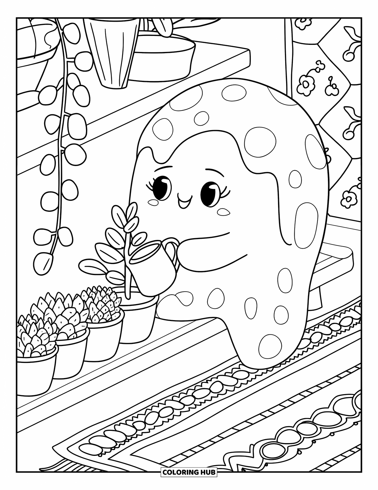 Slime Coloring Page for Adults: A gentle slime waters a small plant on a cozy indoor shelf