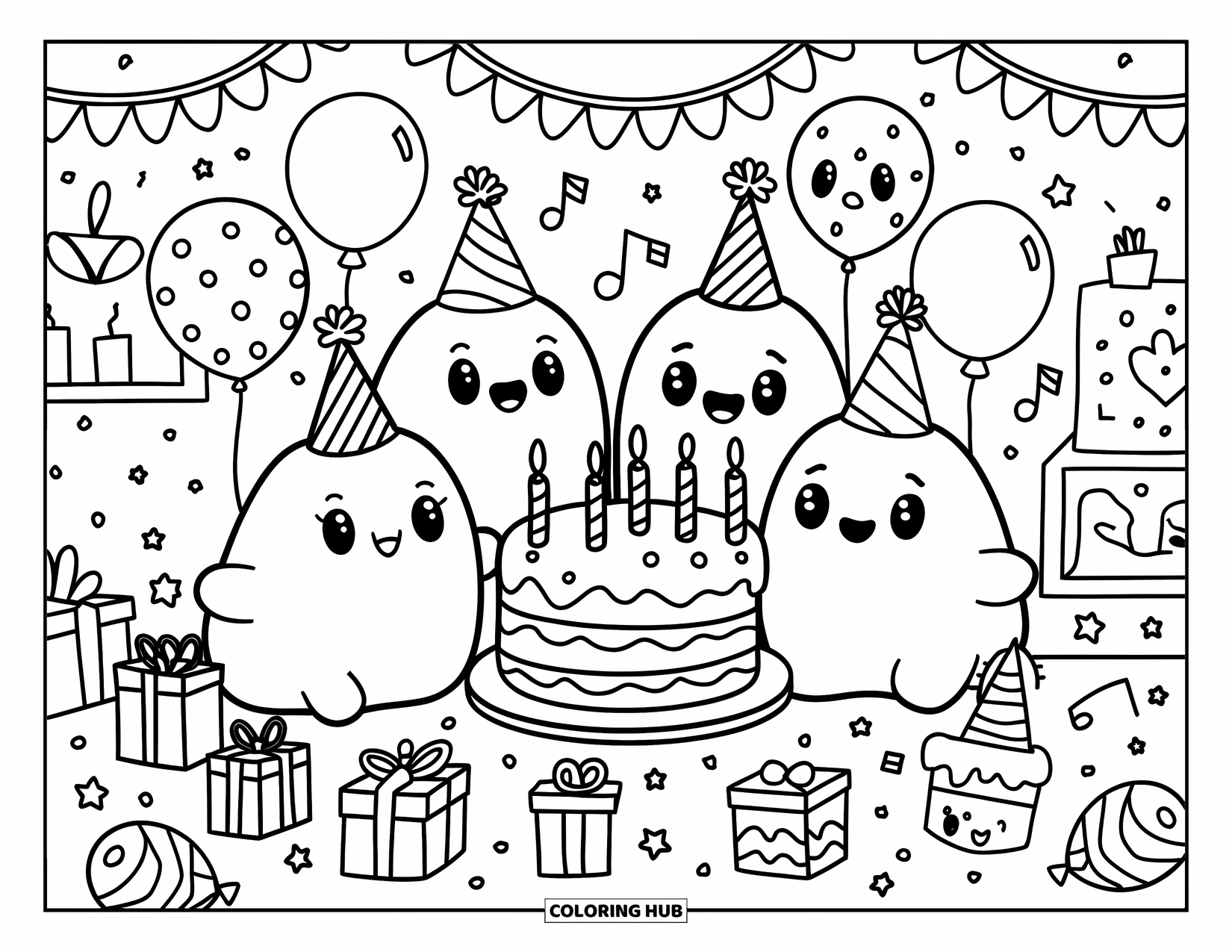 Slime Coloring Page for Adults: A group of slimes gather for a birthday party with balloons and cake
