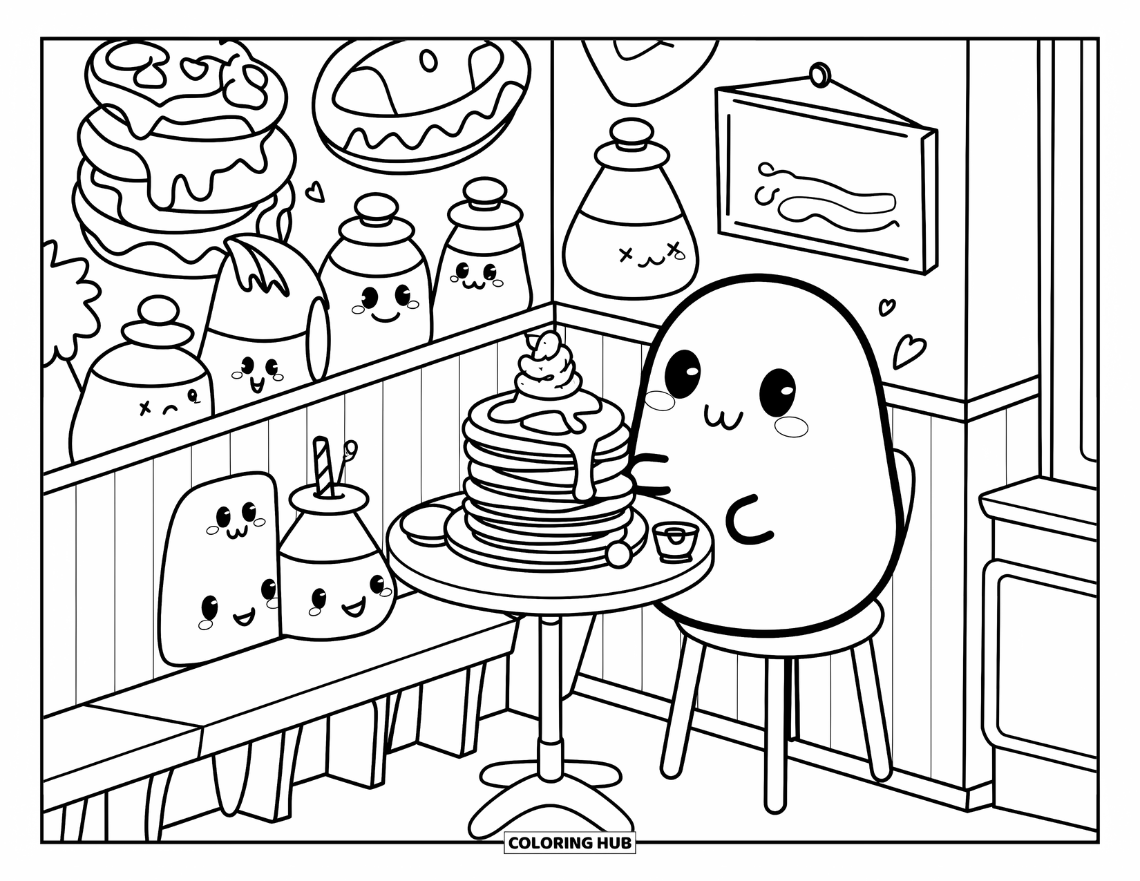 Slime Coloring Page for Adults: A slime at a café table surrounded by sugar jars and playful wall art