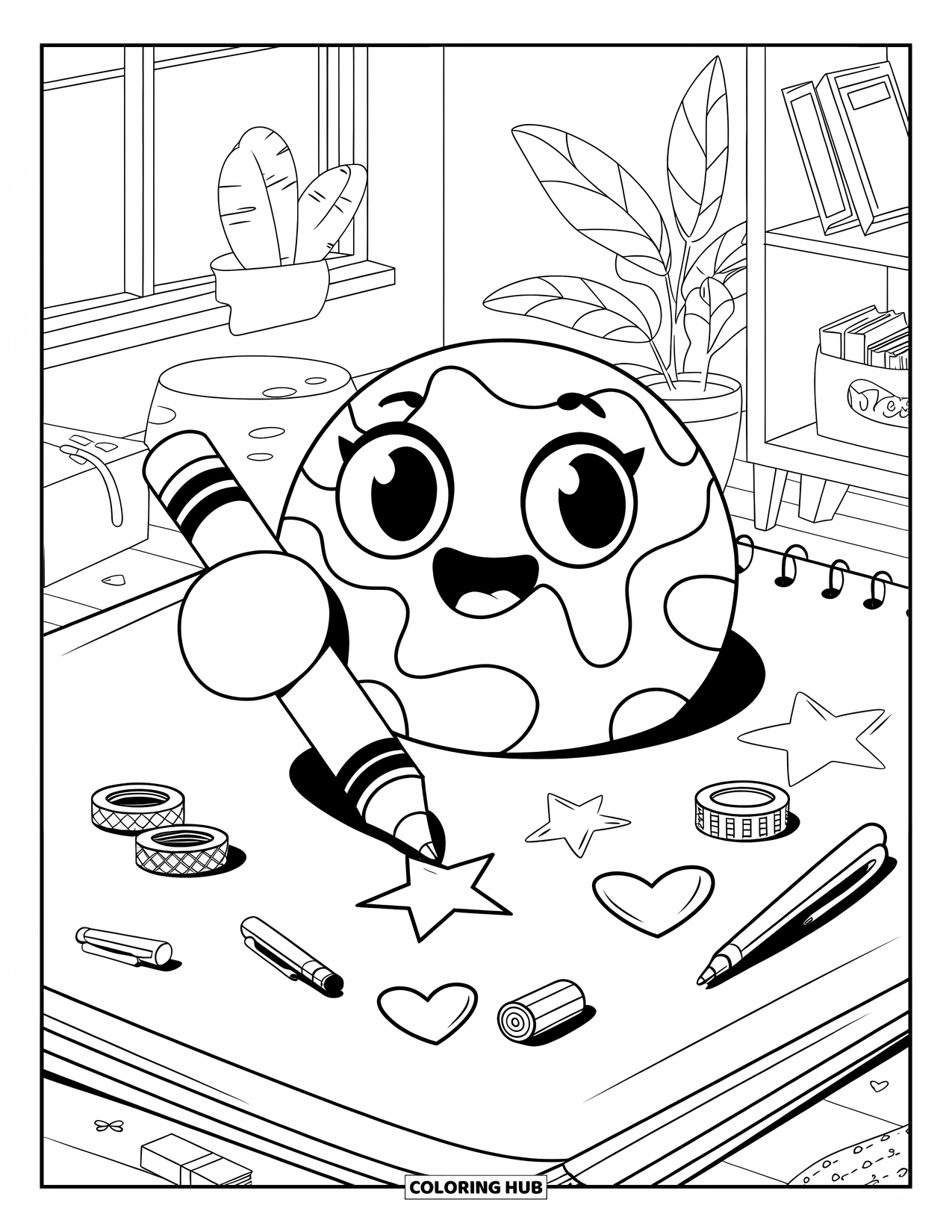Slime Coloring Page for Adults: A slime draws stars and hearts on a giant sketchpad with scattered art supplies