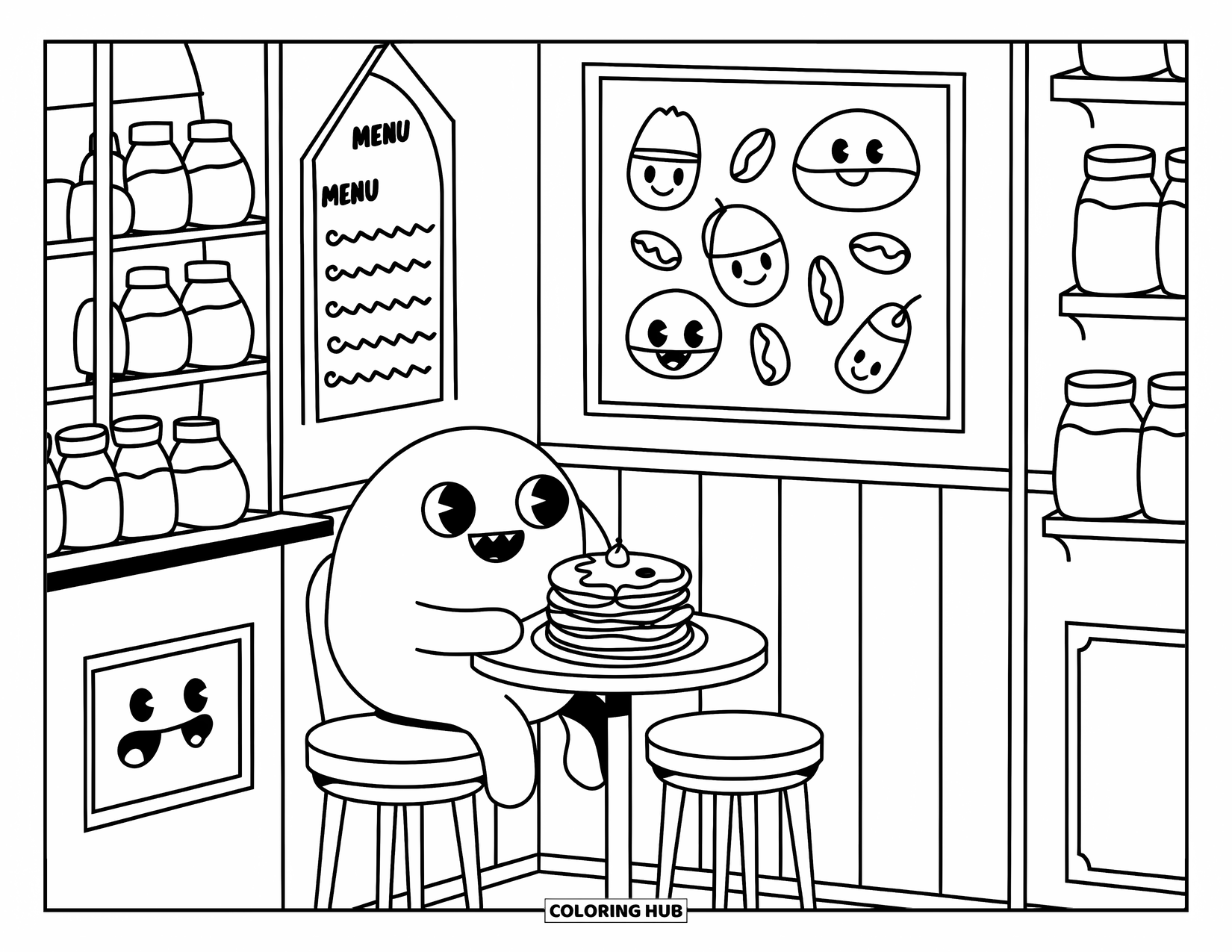 Slime Coloring Page for Adults: A slime enjoys pancakes at a cozy café table