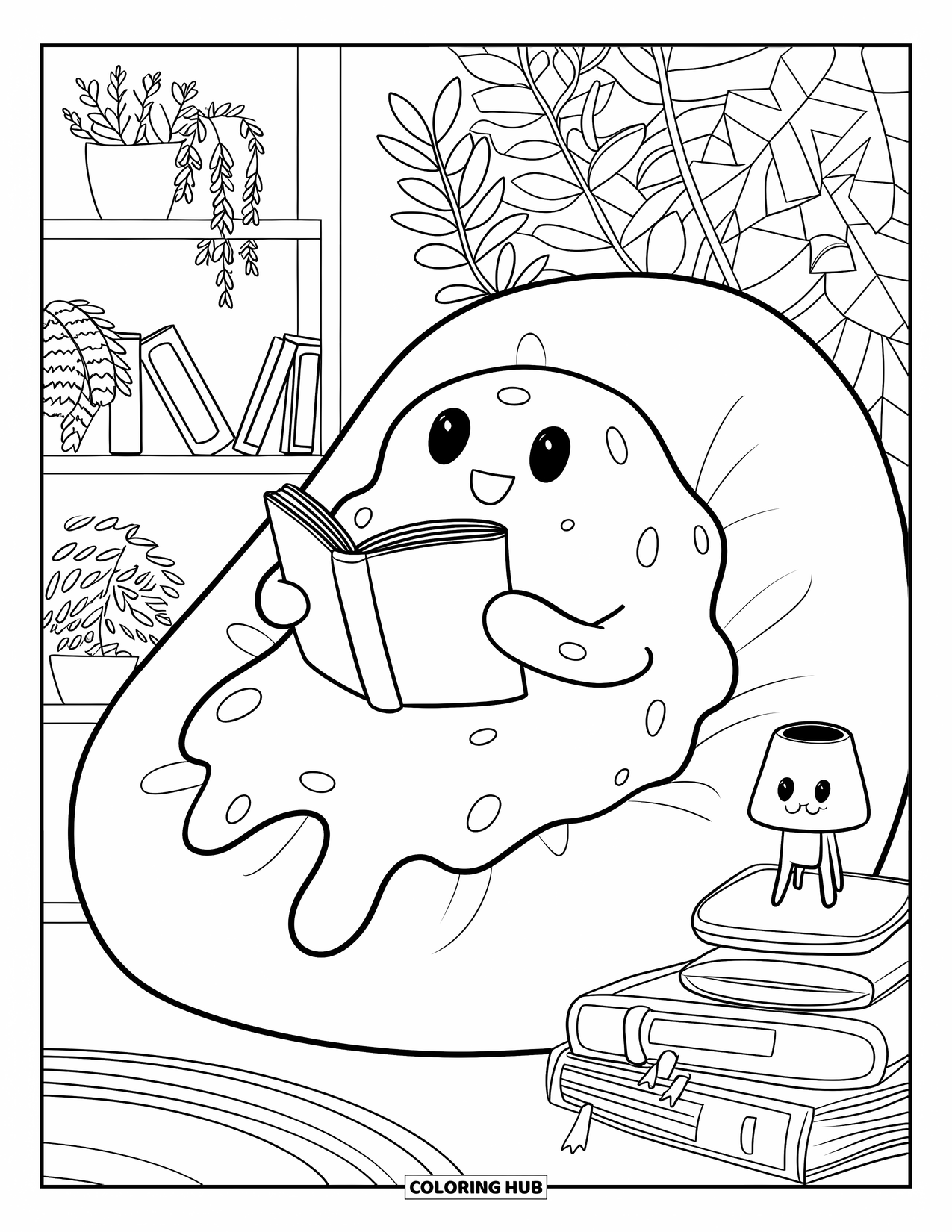 Slime Coloring Page for Adults: A slime reads on a beanbag with stacked pillows and small houseplants nearby