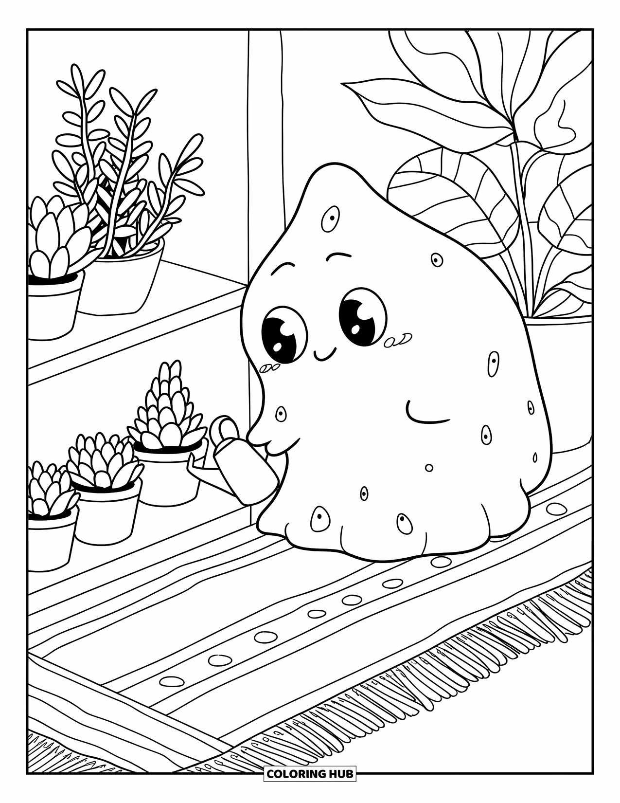 Slime Coloring Page for Adults: A slime waters a small plant beside mini succulents on a cozy rug