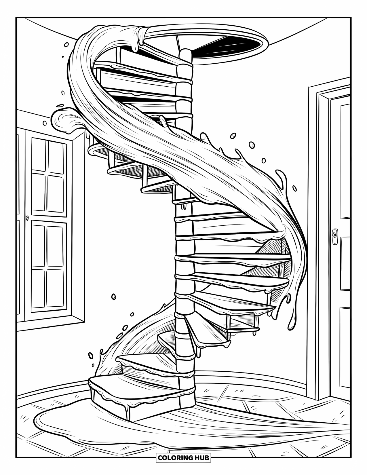 Slime Coloring Page for Adults: A spiral staircase transforms into a swirling slime stream