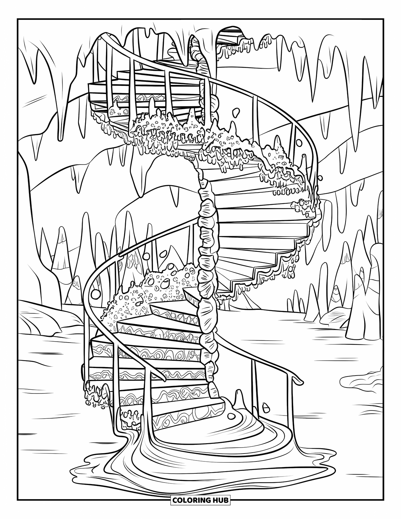 Slime Coloring Page for Adults: An ornate staircase morphs into slime inside a cave