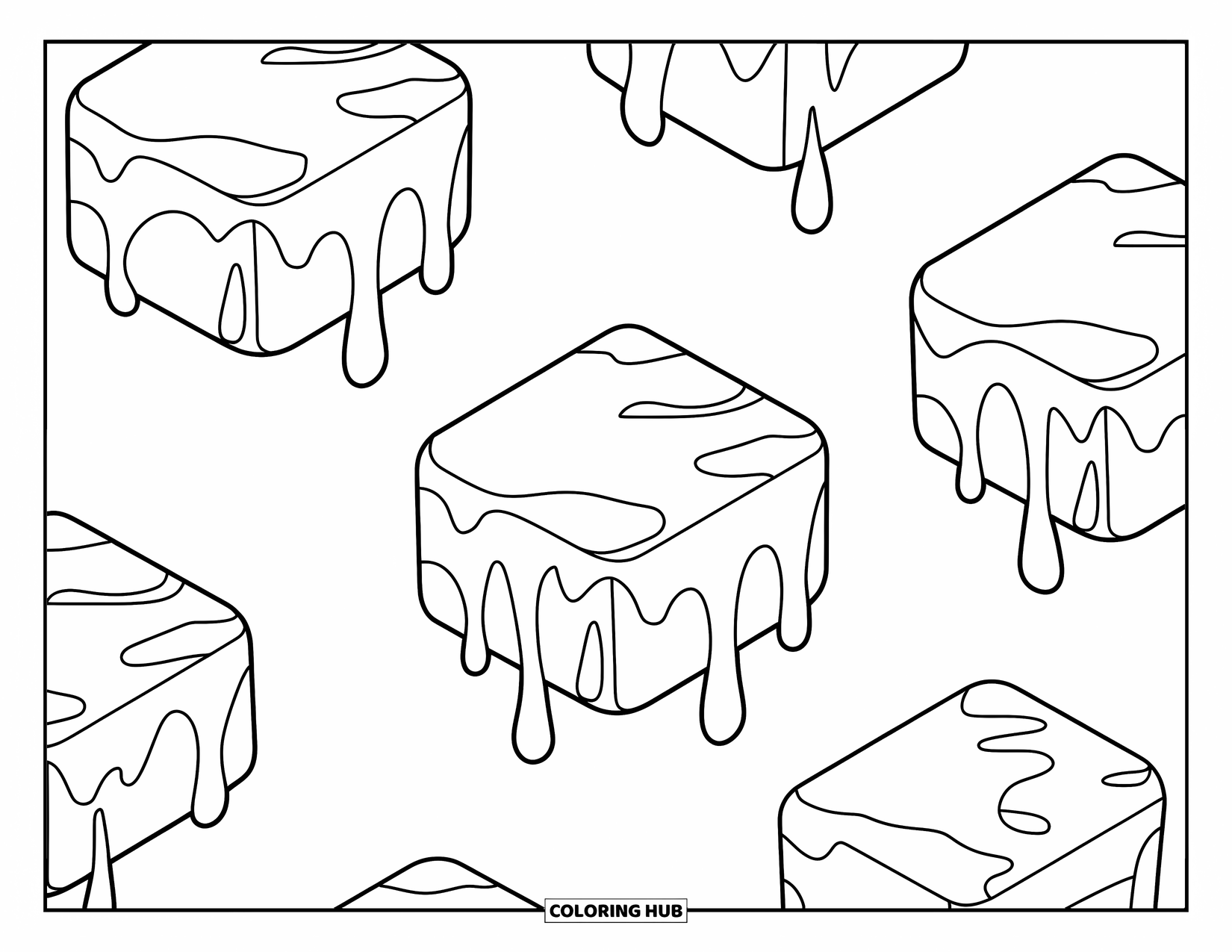 Slime Coloring Page for Adults: Cubes hover as slime drips over their sharp edges