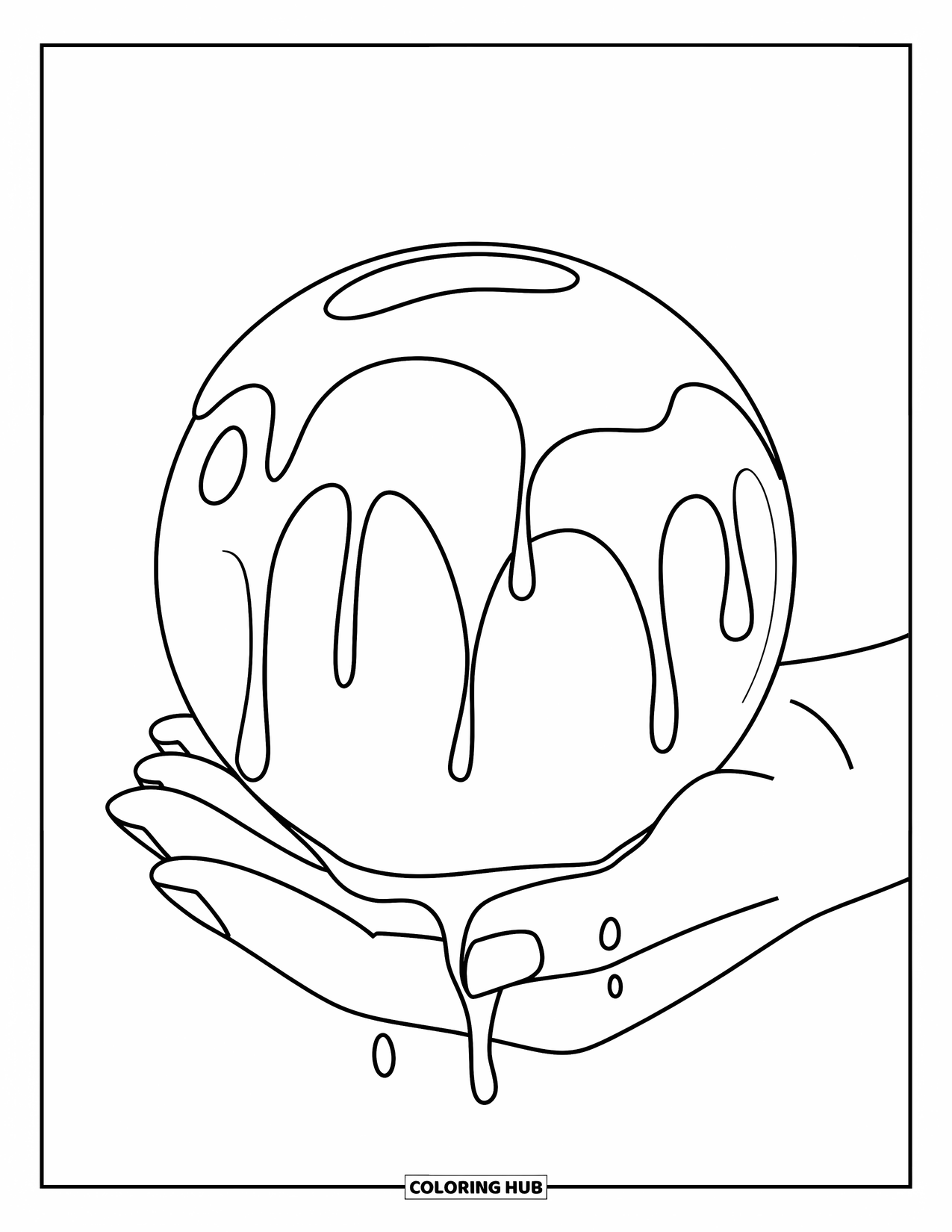 Slime Coloring Page for Adults: Hand cradles a dripping slime sphere