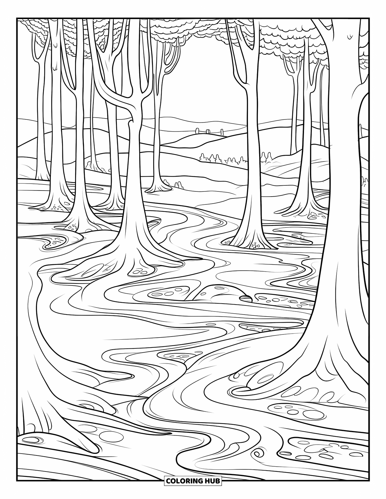 Slime Coloring Page for Adults: Interconnected branches ooze slime in a misty forest