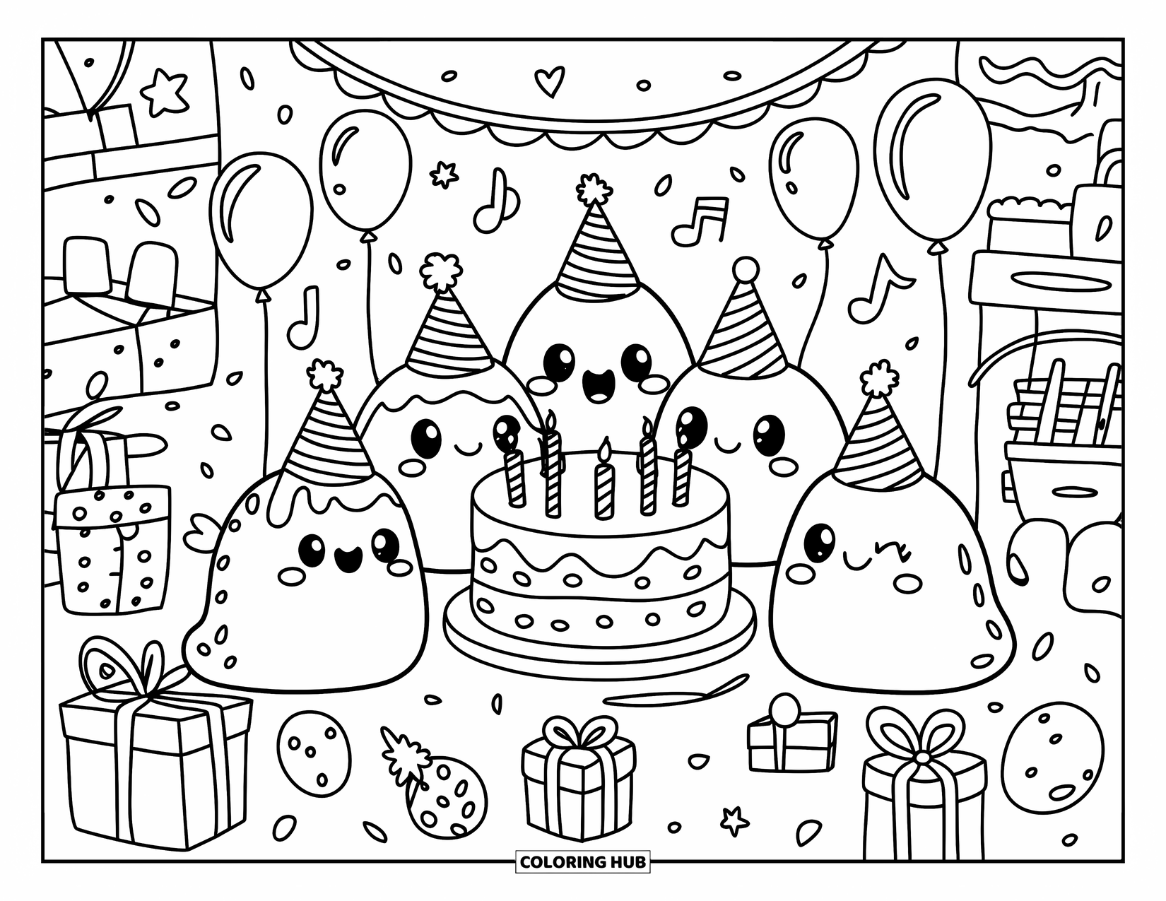 Slime Coloring Page for Adults: Slimes enjoy a birthday celebration around a layered cake with decorations