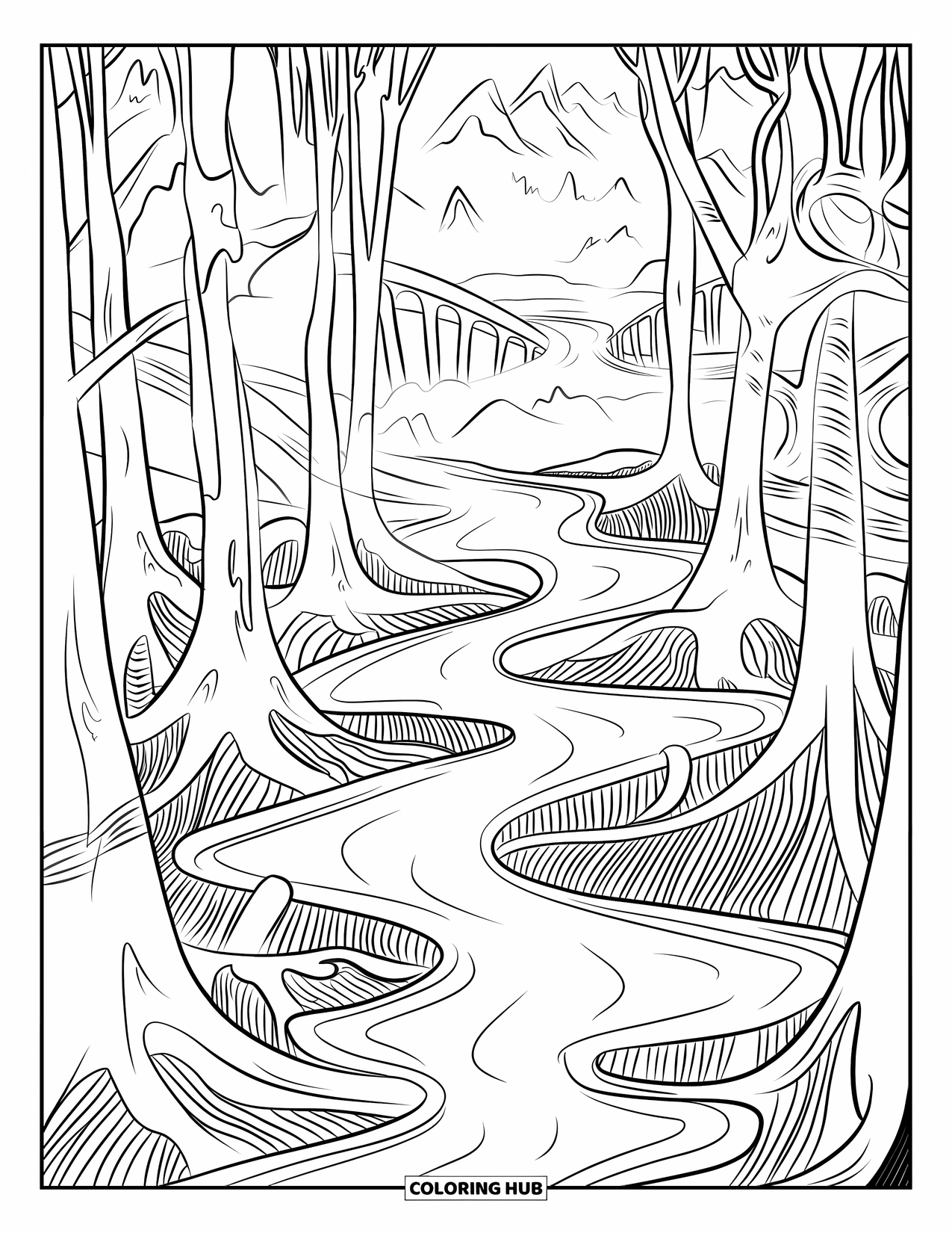 Slime Coloring Page for Adults: Trees melt into flowing slime in a surreal forest