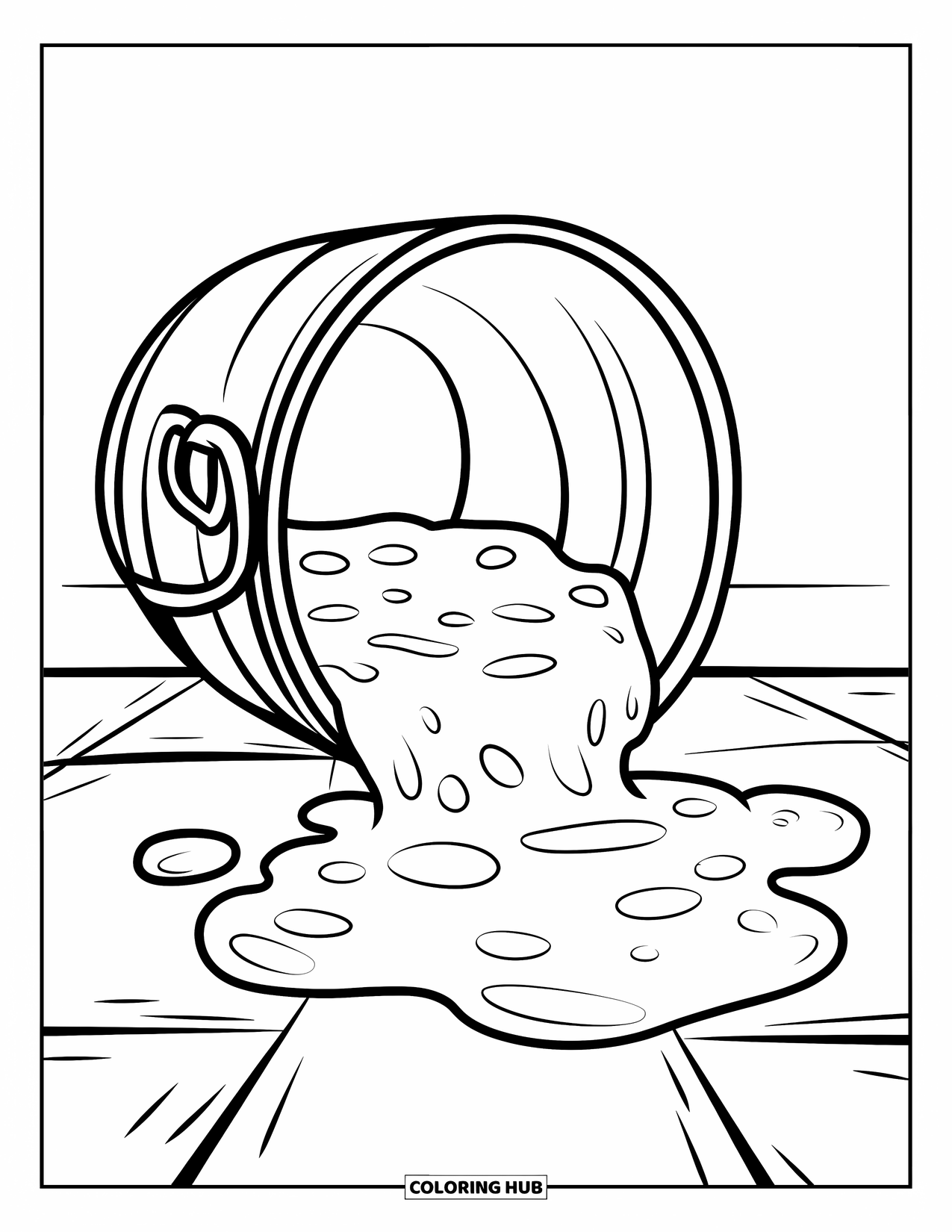 Slime Coloring Page for Kids: Bucket tips over, spilling thick slime across the floor