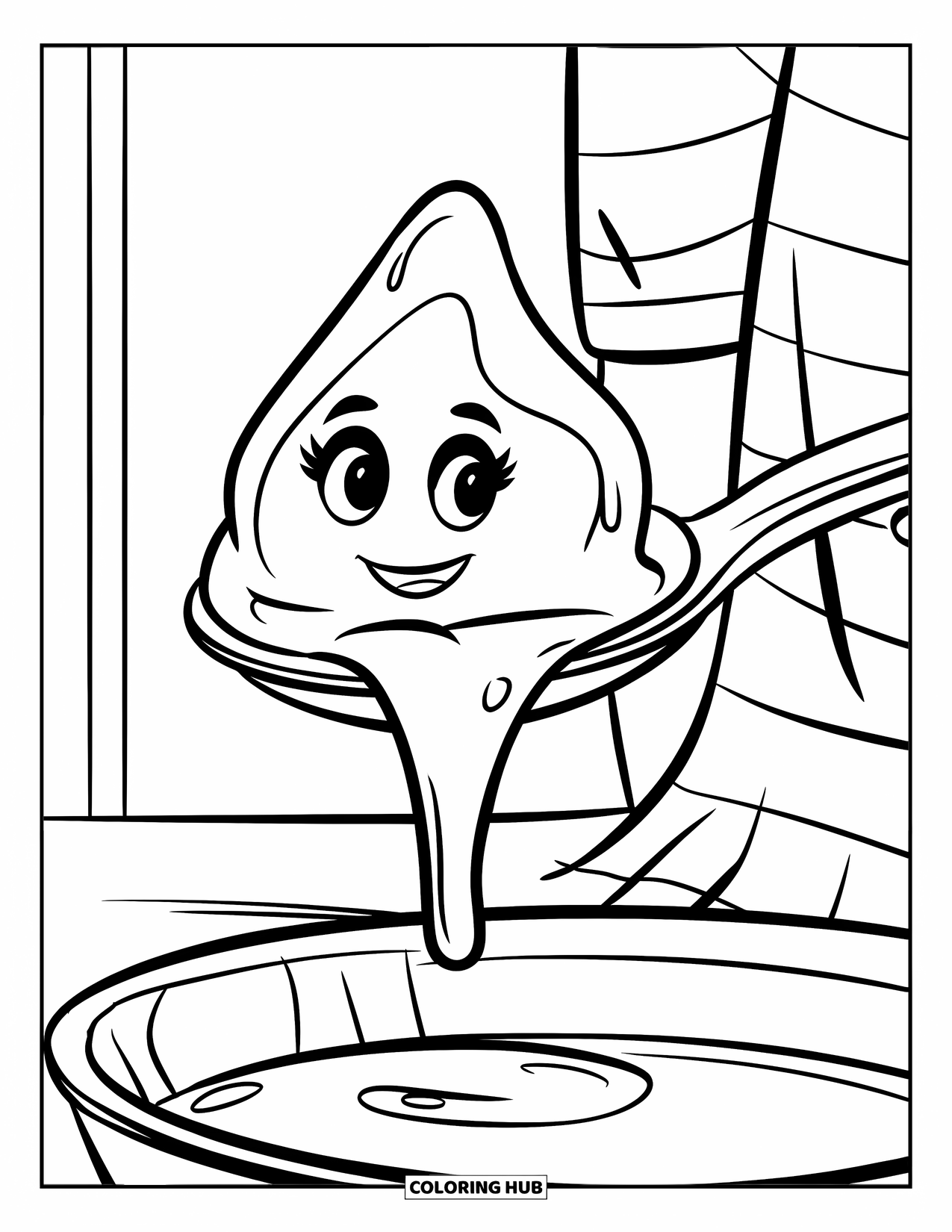 Slime Coloring Page for Kids: Cheerful slime drop sliding down a spoon held by a striped hand