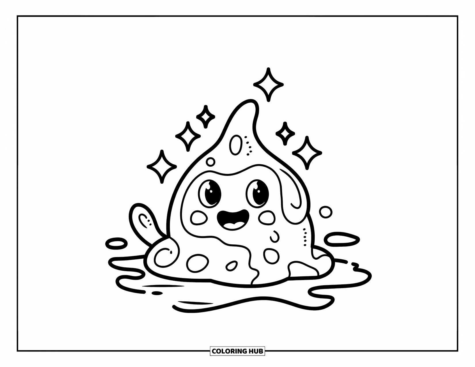 Slime Coloring Page for Kids: Cheerful slime sitting in a puddle with sparkles above