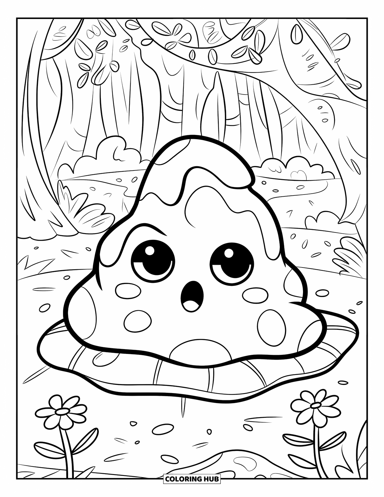 Slime Coloring Page for Kids: Cheerful slime with arms and head sitting on a rock near water