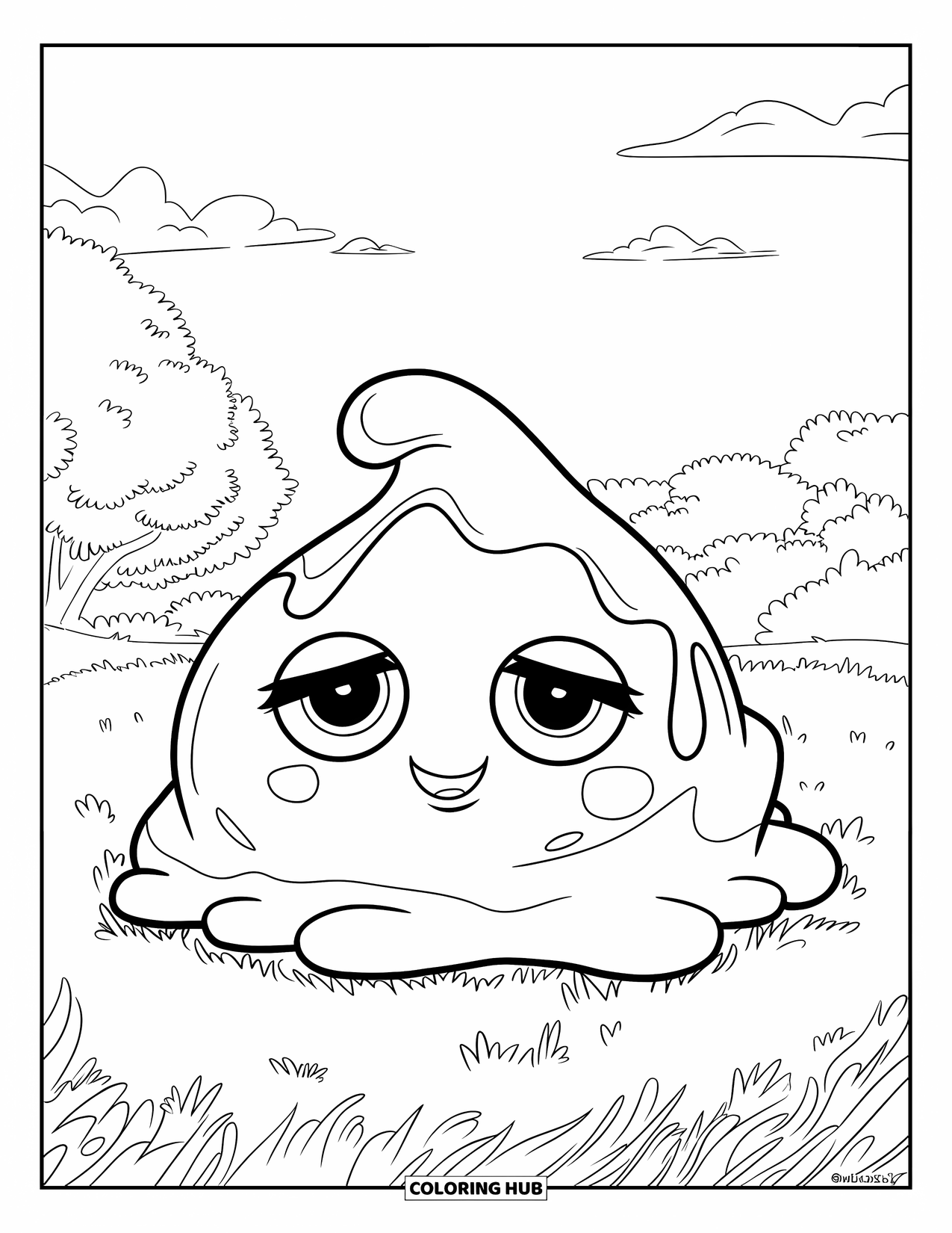 Slime Coloring Page for Kids: Cute slime blob with droopy eyes sitting in a grassy field