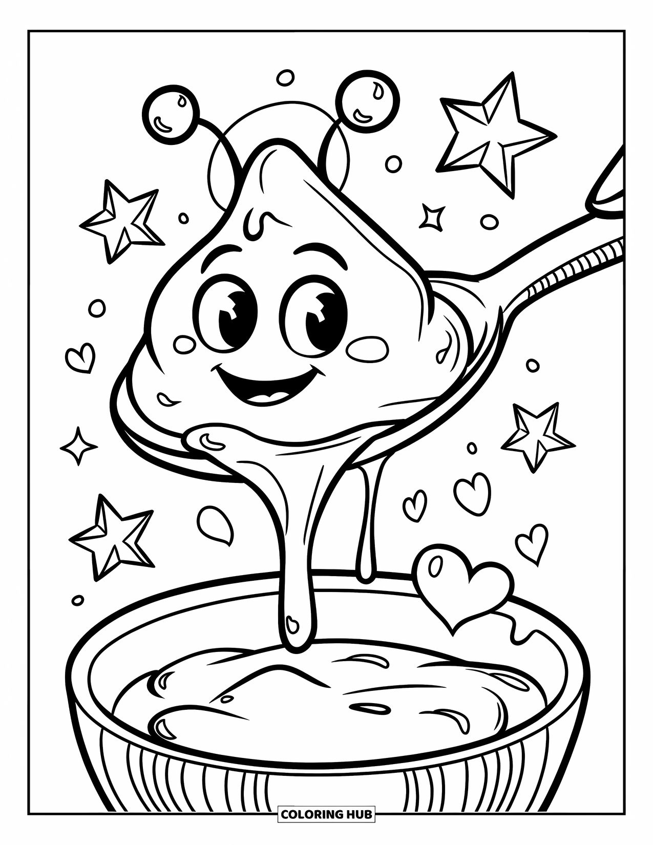 Slime Coloring Page for Kids: Friendly slime with antennae oozing down a spoon, surrounded by stars and hearts