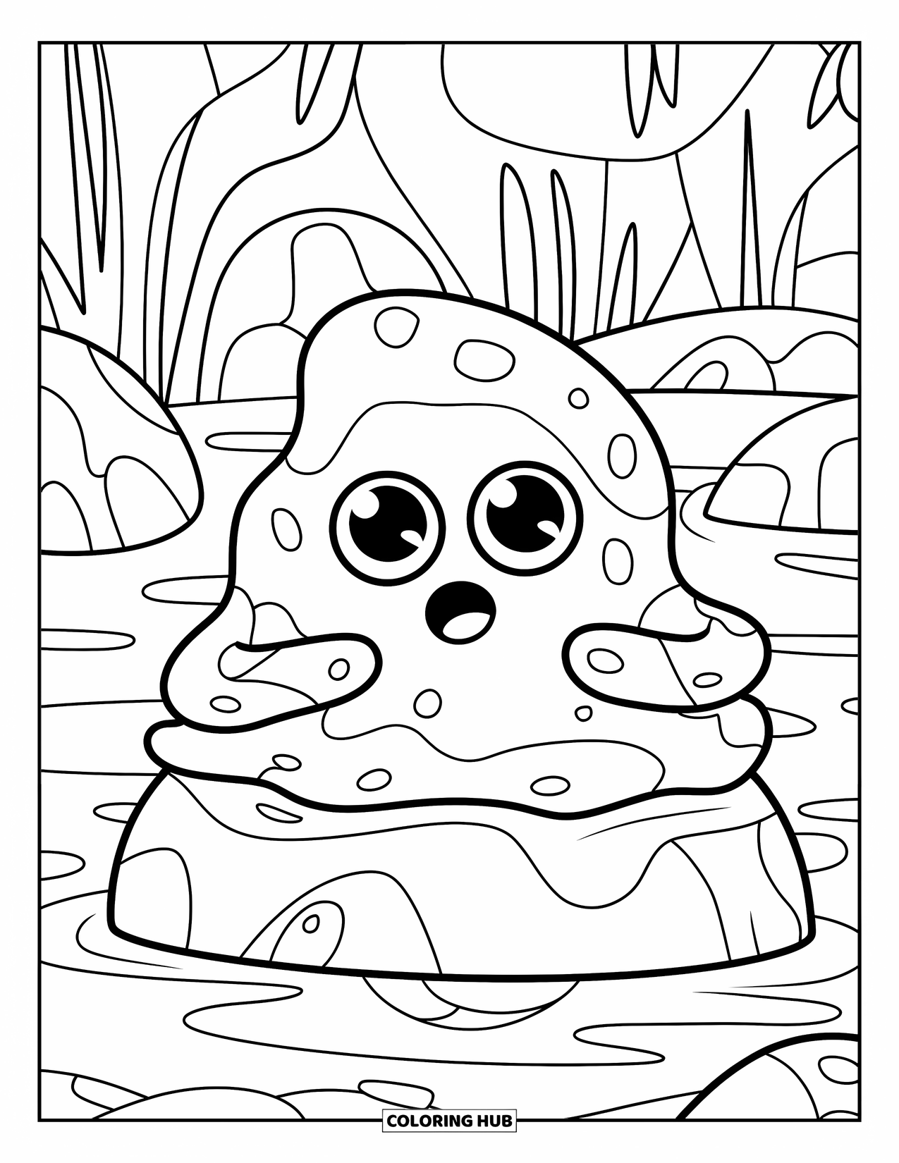 Slime Coloring Page for Kids: Friendly slime with surprised eyes perched on a forest leaf