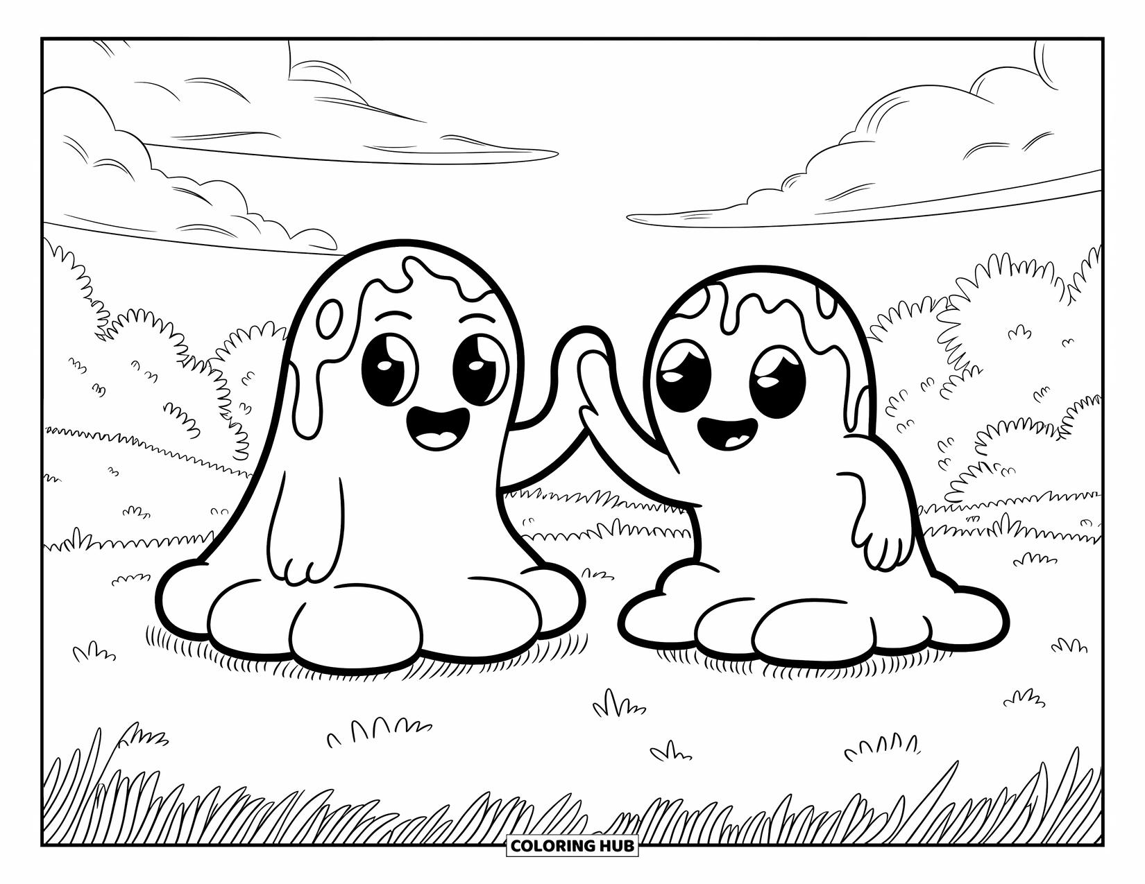 Slime Coloring Page for Kids: Goo blobs high-five on grass with trees behind