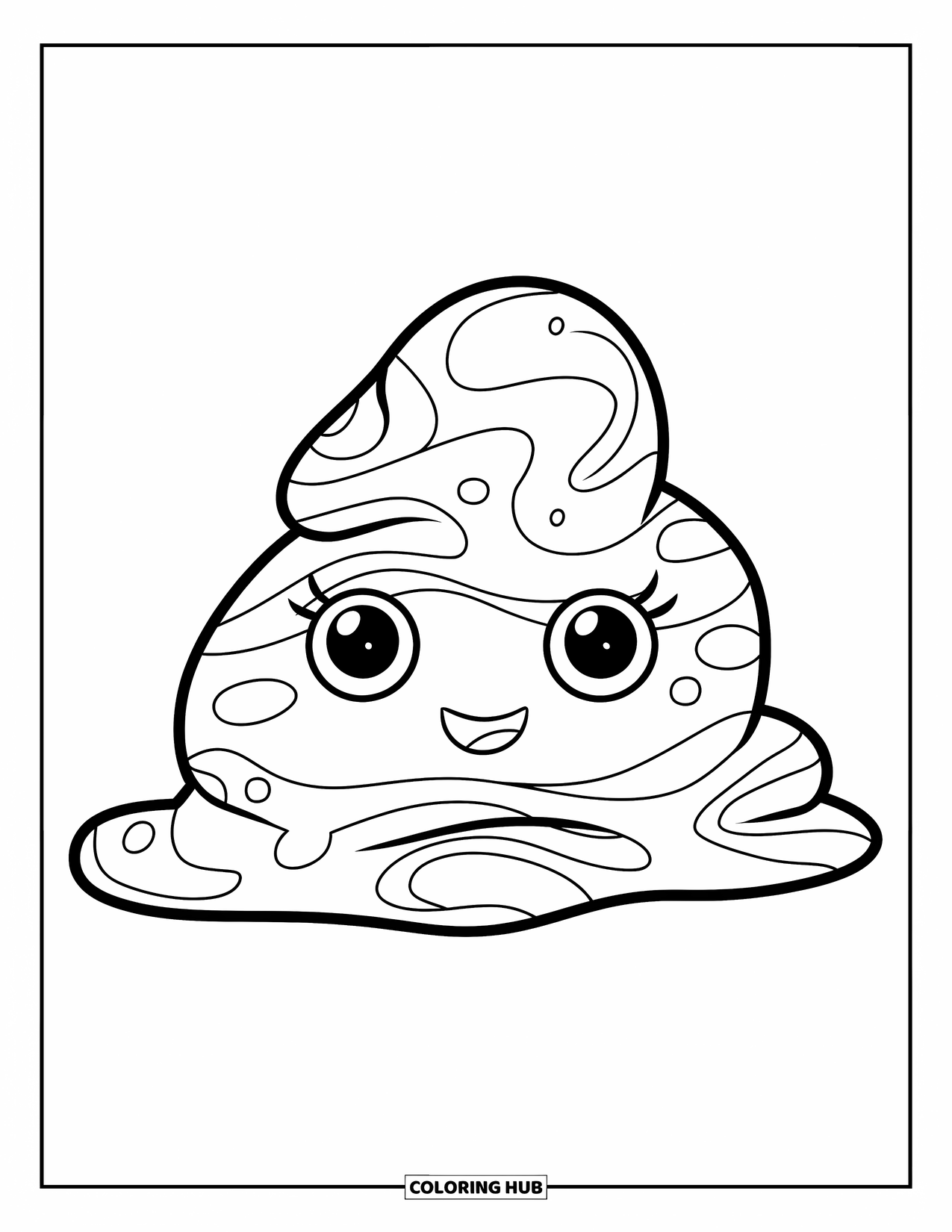 Slime Coloring Page for Kids: Happy slime blob with surprised eyes resting on a leaf in a forest