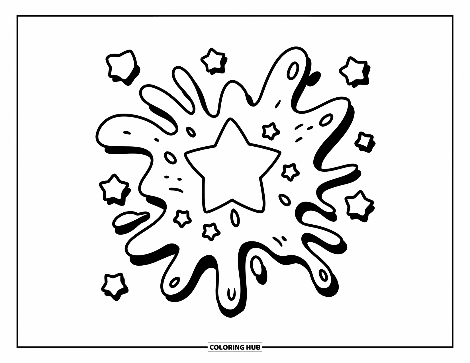 Slime Coloring Page for Kids: Heart-shaped slime splash surrounded by tiny stars