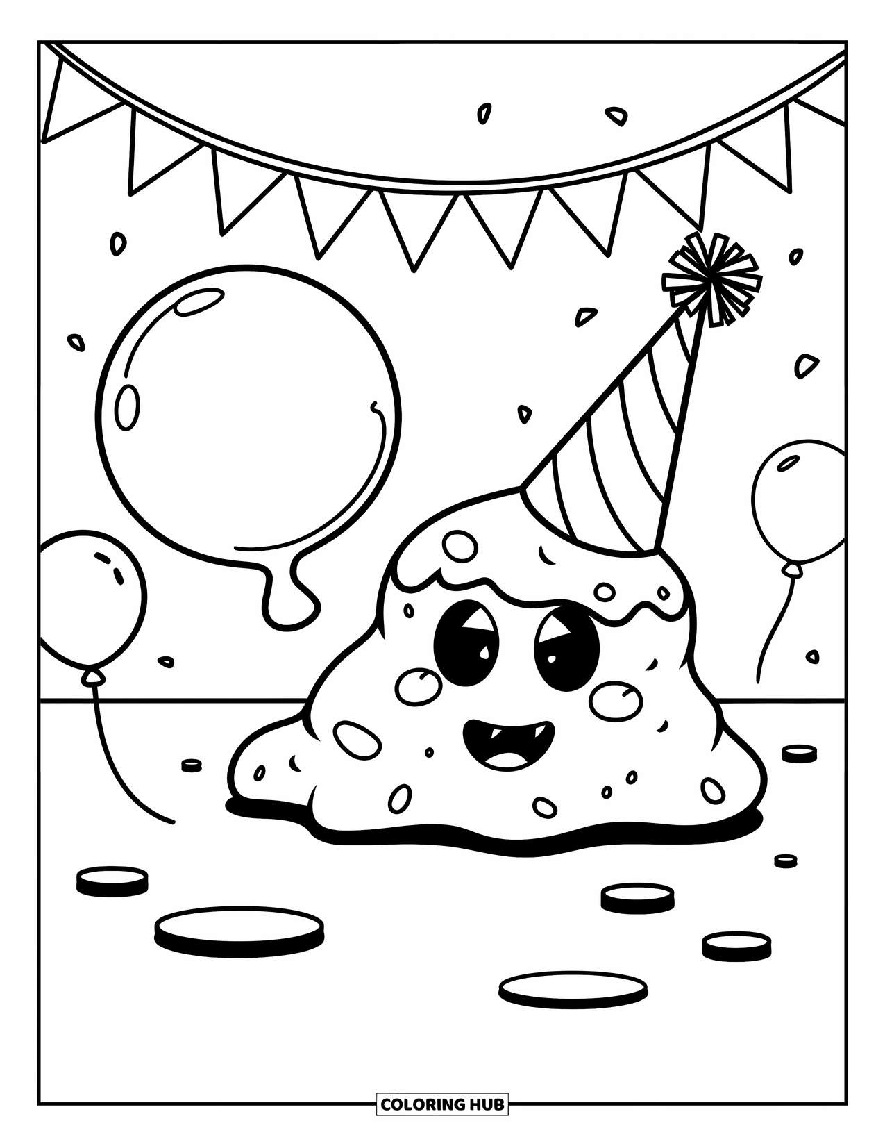 Slime Coloring Page for Kids: Party hat slime floats a bubblegum bubble with balloons