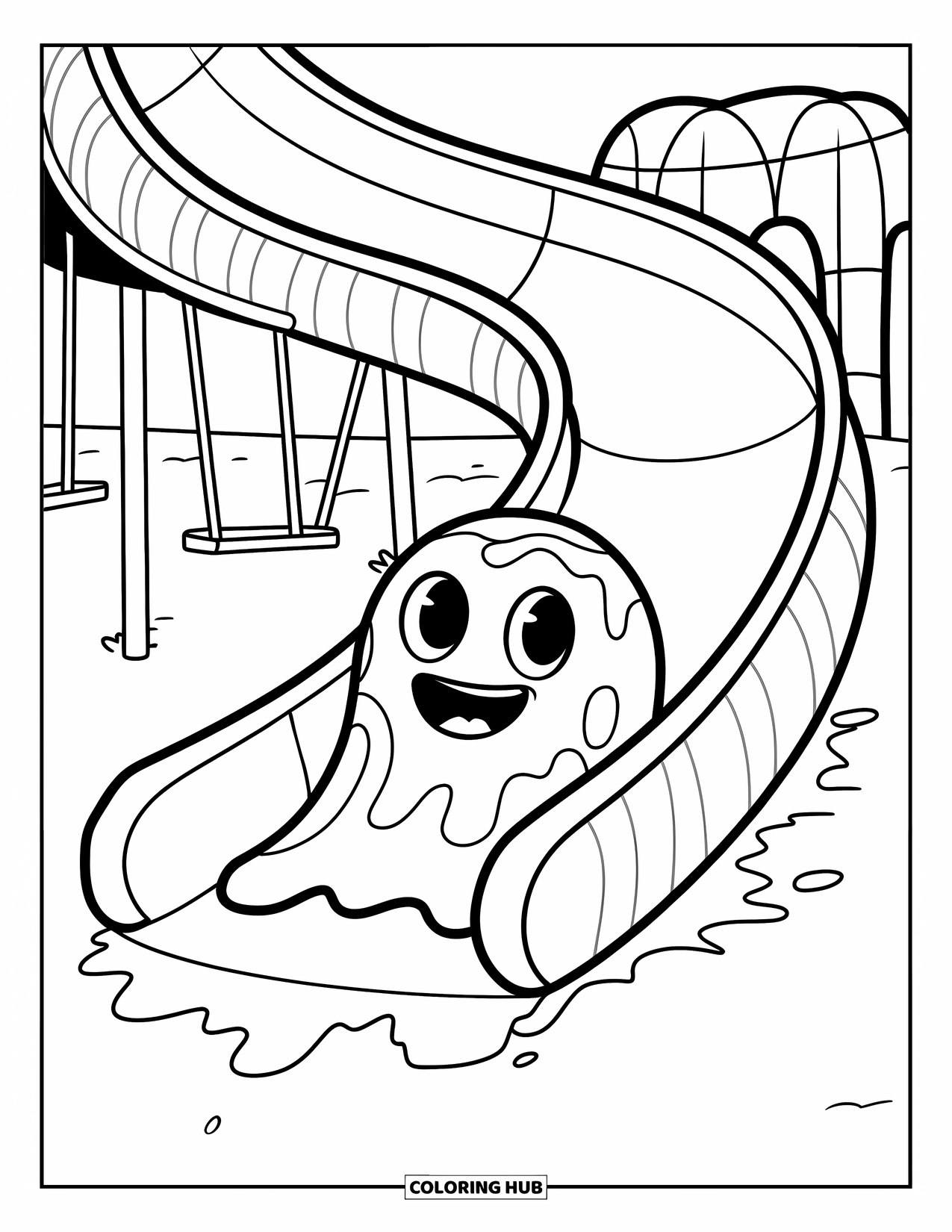 Slime Coloring Page for Kids: Playful slime sliding on a striped playground slide
