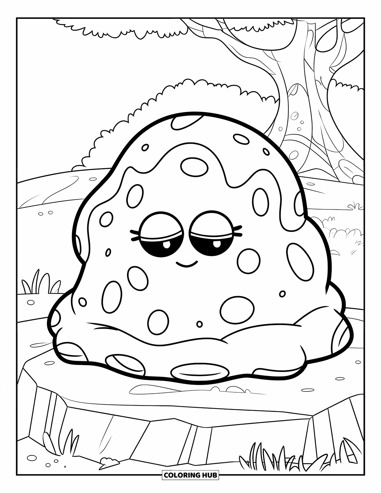 Slime Coloring Page for Kids: Sleepy slime blob resting on a rock beneath a tree