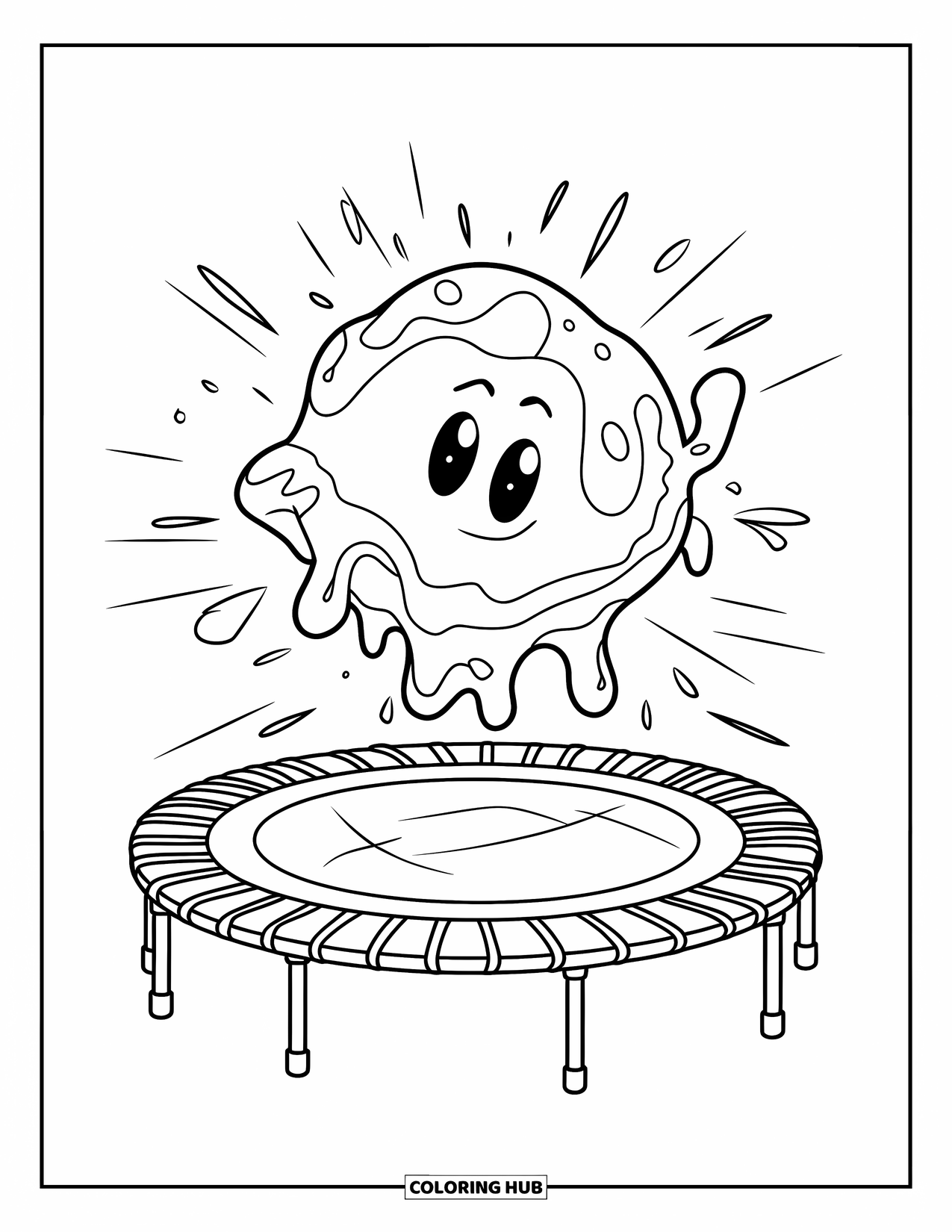 Slime Coloring Page for Kids: Slime blob springs off a trampoline